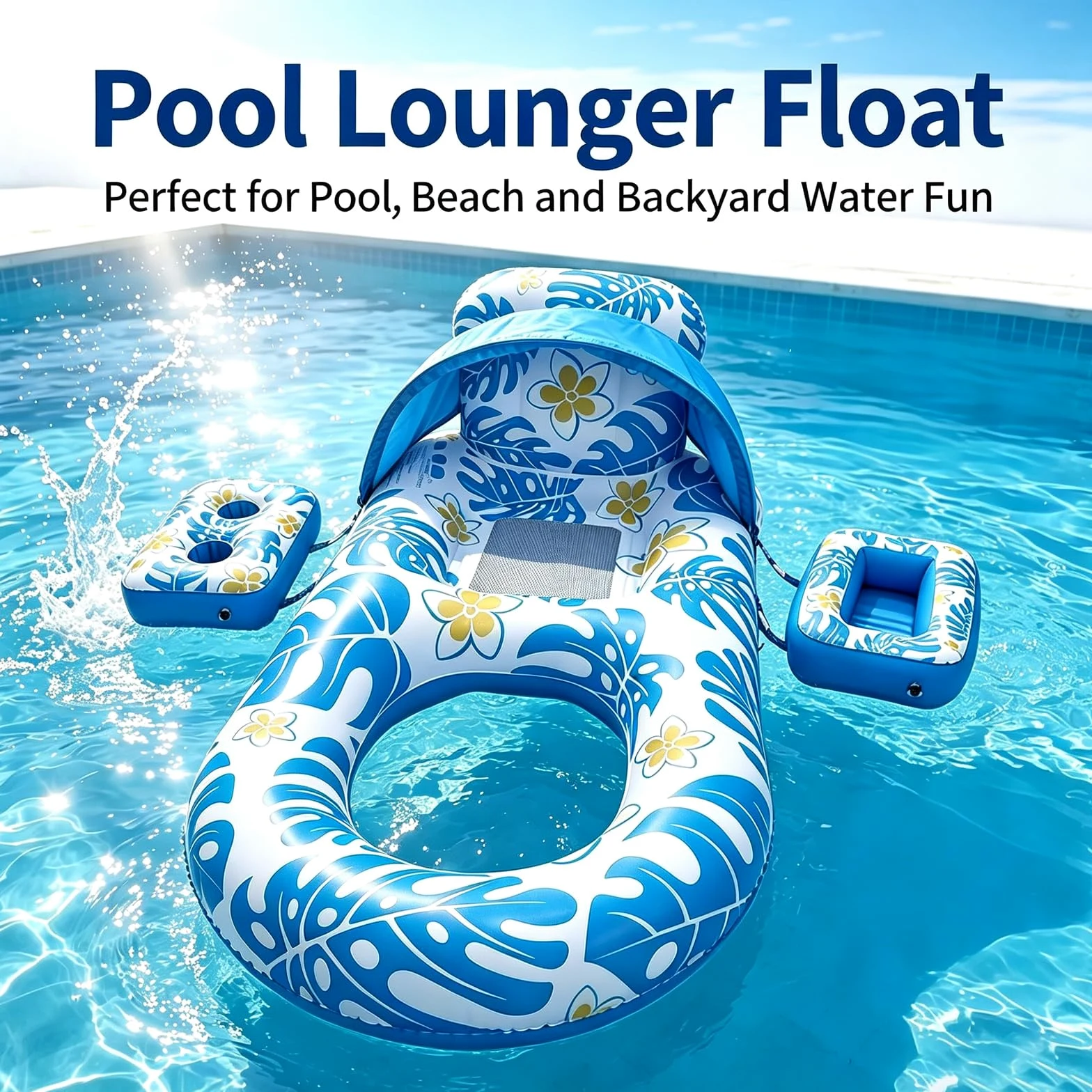Flotadores Inflables para Adultos con Respaldo y reposabrazos Colchoneta Hinchable Piscina de PVC Plegable con Parasol Cubierta Inferior de Malla Ideales para Diversión Descanso
