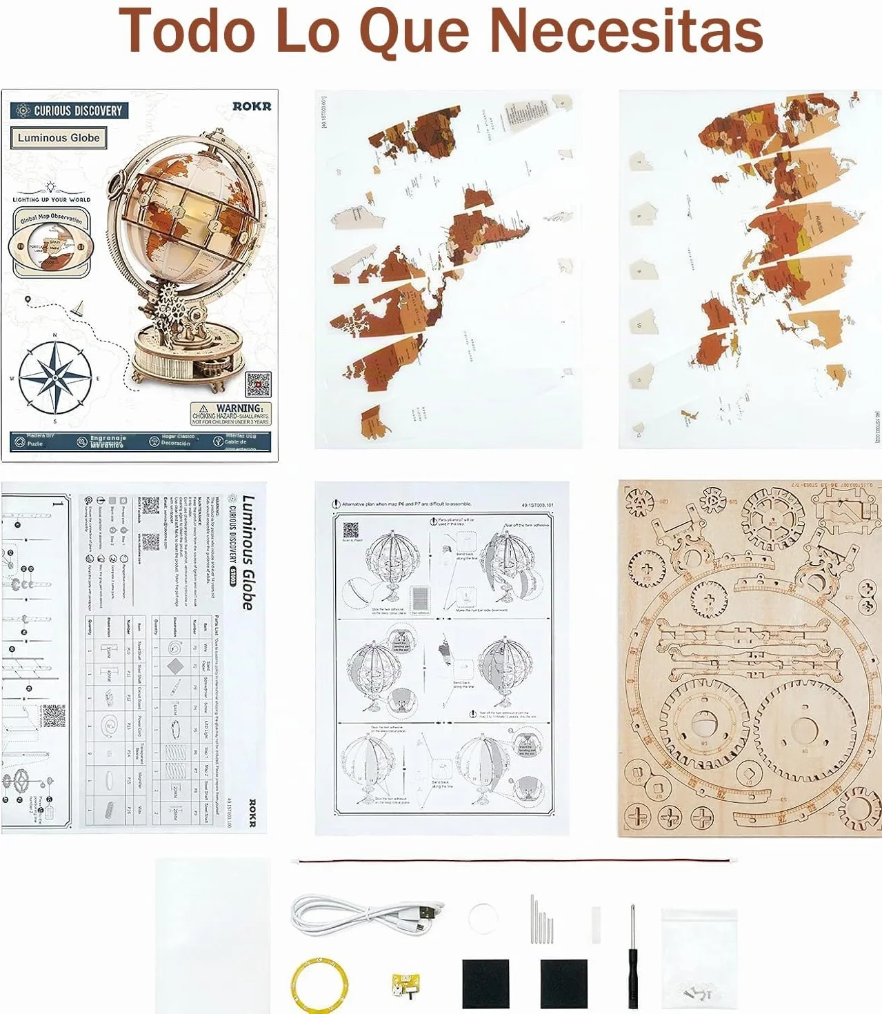 ROKR Puzzle 3D Madera Globo Luminoso Maquetas de Madera para Construir Maquetas para Montar, 180 Piezas, Luminous Globe