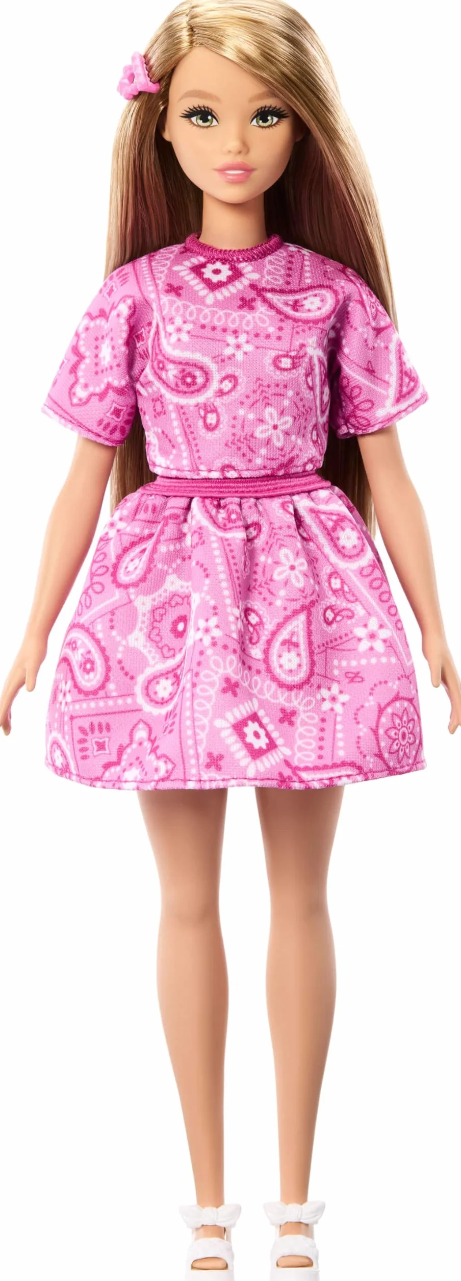 Barbie Fashionistas Style, muñeca n.º 249, con Pelo Rubio, Falda y Camisa con Estampado de Cachemir Rosa y Sandalias Blancas con Plataforma, JJN62