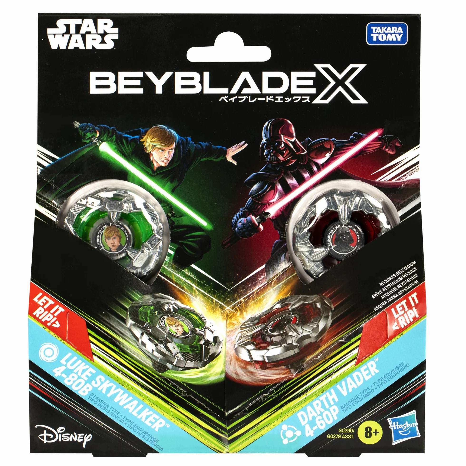 Colaboración Beyblade X y Star Wars, Pack múltiple Luke Skywalker 4-80B vs. Darth Vader 4-60B