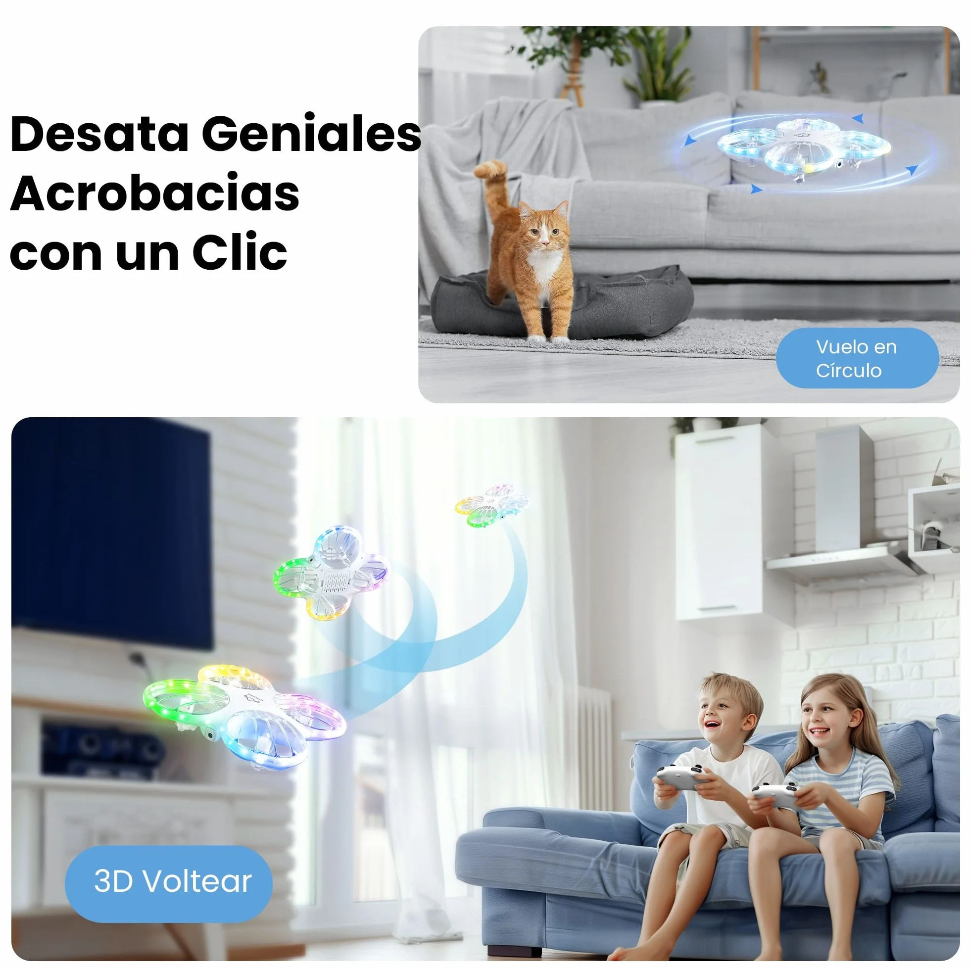 Ameta Morpho Dron para Niños con Camara 1080P, Mini Drone FPV con 32 Luces RGB/Vuelo en Círculo/ 3D Voltear/ 18min de Vuelo/Timbre Perdido, Juguetes Regalo para Niños Niñas, Menos de 250g