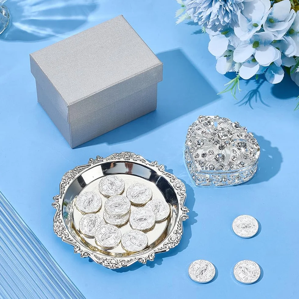 ORIGACH Juego de monedas de plata Arras de Boda, caja en forma de corazón con 13 monedas de Jesús y bandeja en relieve, accesorios de boda para ceremonia