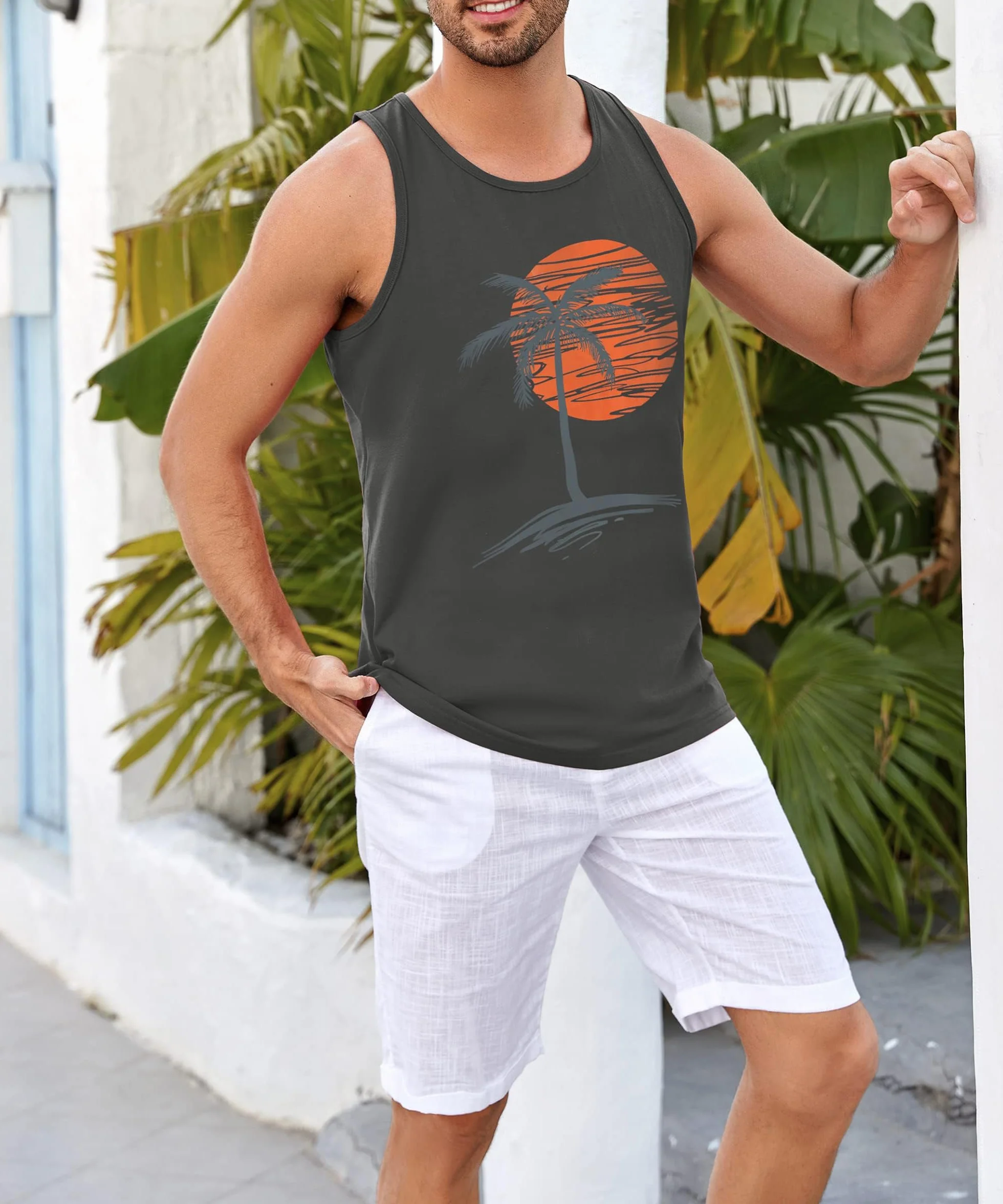 Runcati Camiseta de tirantes estampada para hombre, sin mangas, deporte, fitness, gimnasio, entrenamiento, camiseta interior de algodón transpirable