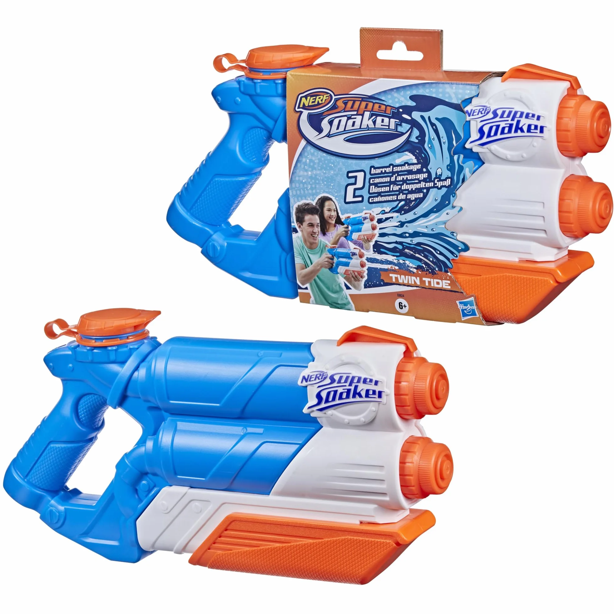 Nerf Super Soaker Twin Tide Lanzador de agua de bombeo 2 cañones Juguete agua al aire libre