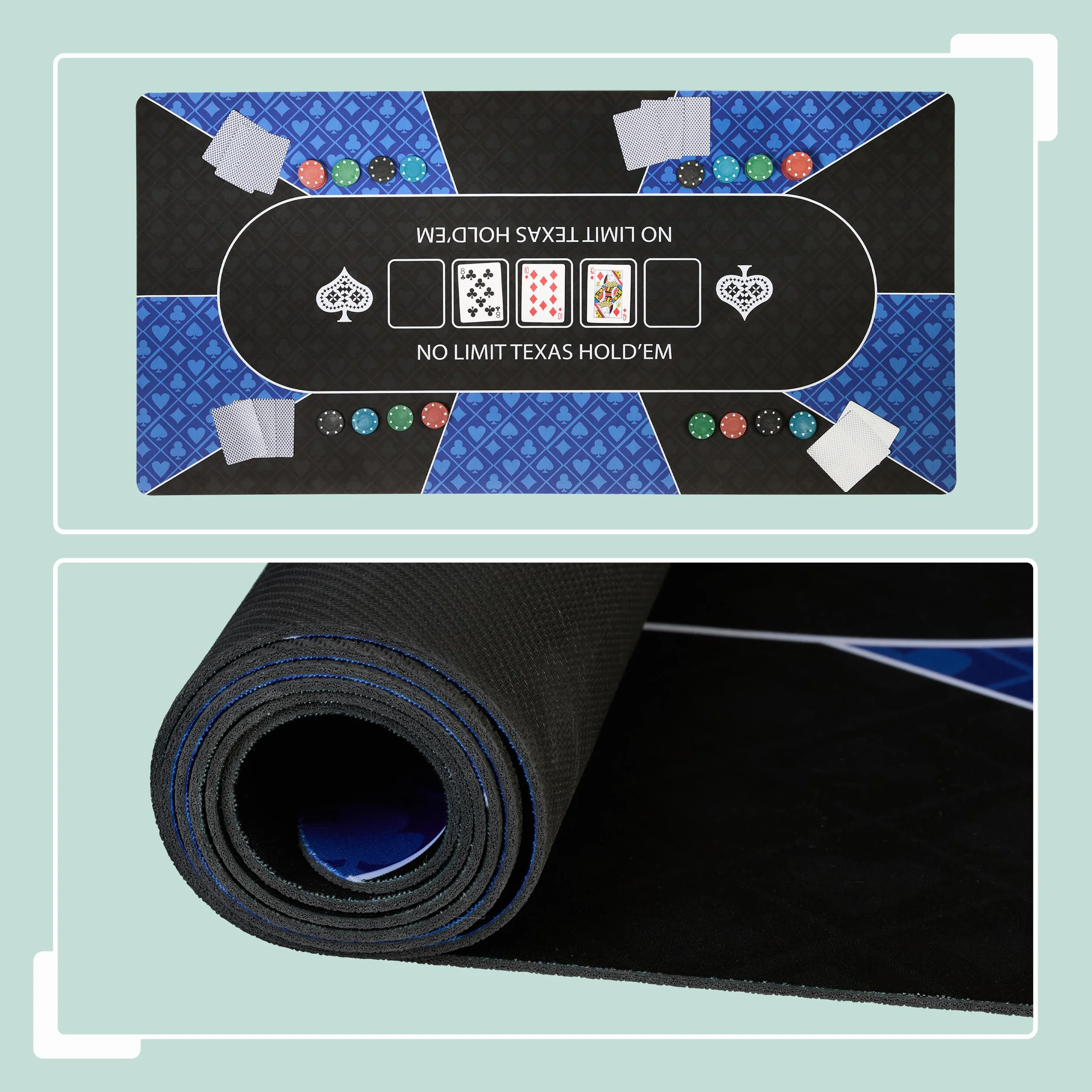 Relaxdays Tapete Póquer, 120 x 60 cm, Mantel Poker Texas Hold'em, Antideslizante, Bolsa, 10 Jugadores, Azul y Negro