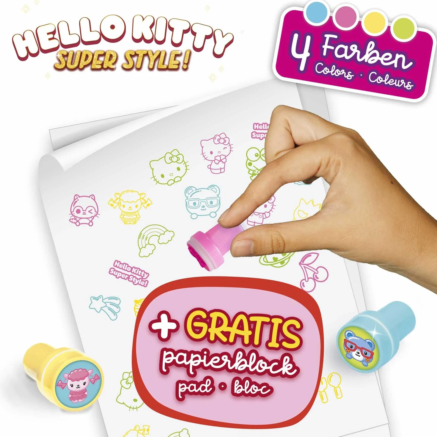 CRAZE 20 Sellos de Goma de Hello Kitty para Niños, Sellos Infantiles de 4 Colores, Incluye Bloc de Notas para Pintar, Tinta Lavable