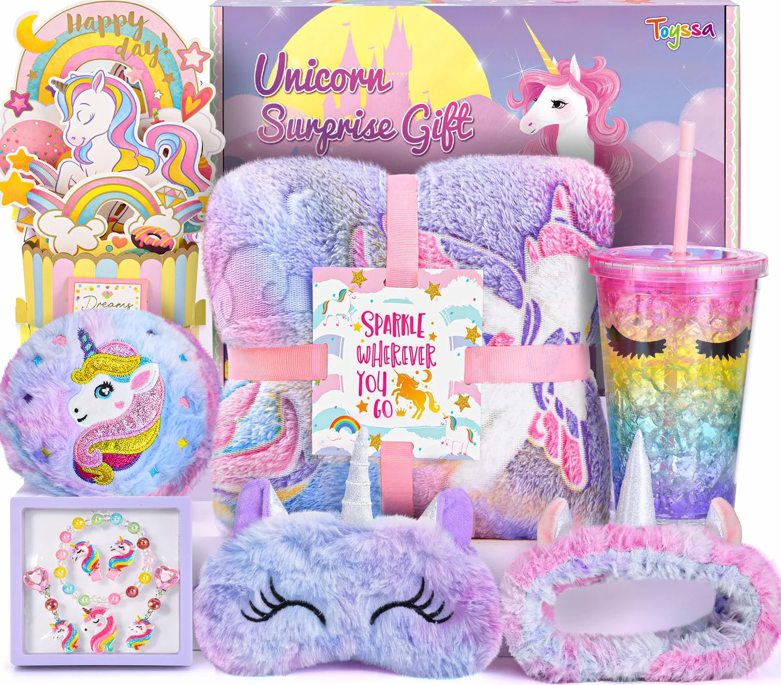 Regalos Unicornio Niñas 4 5 6 7 8 9 10 Años Manta Sofa 3D Tarjeta Cumpleaños Joyas para Niñas Botella de Agua Diadema Maquillaje Antifaz para Dormir Monedero Unicornio Juguete Regalos Cumpleaños