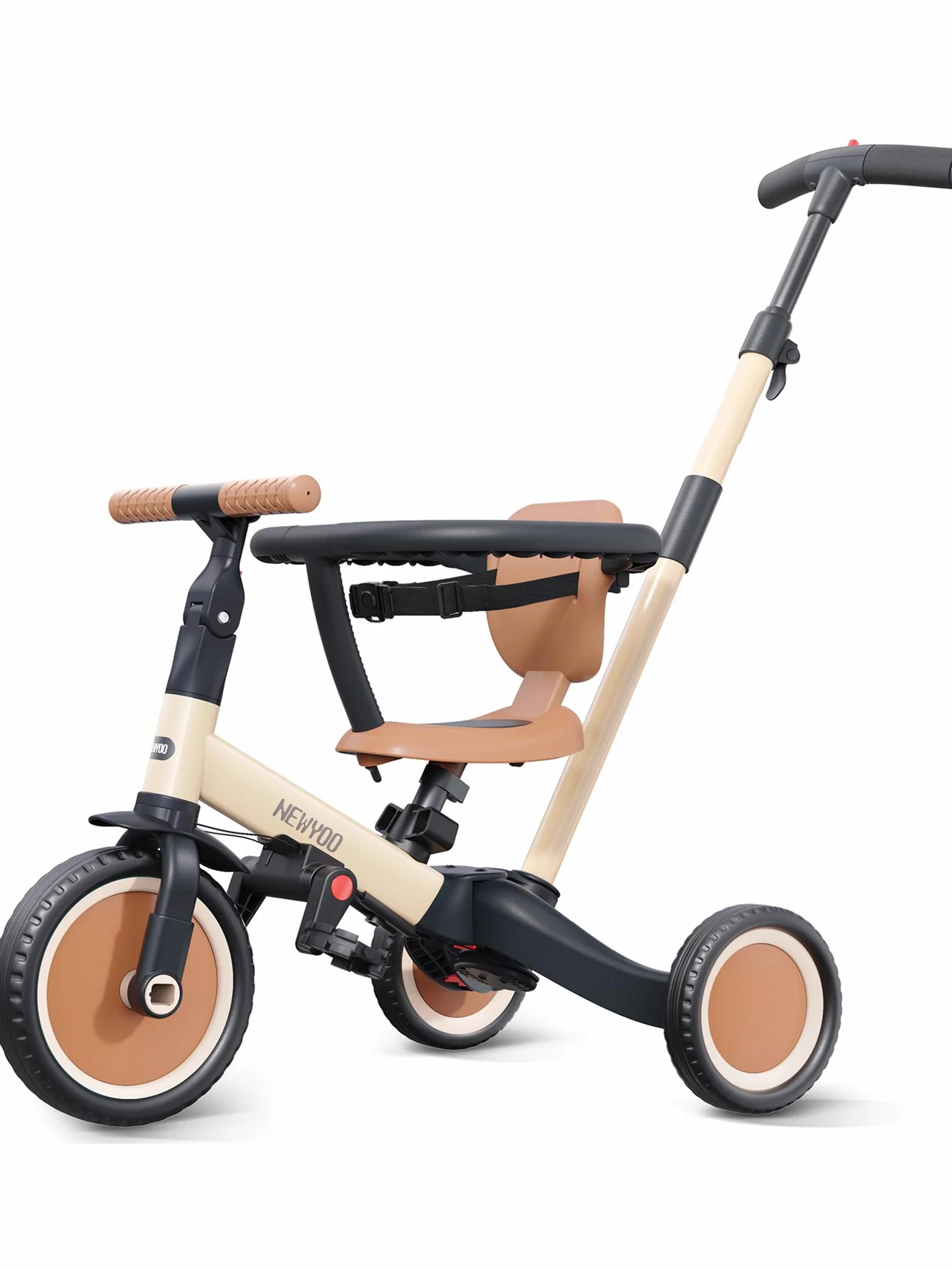 newyoo TR008 Triciclo Evolutivo 5 en 1 para Niños 1-3 Años con Barra de Seguridad y Varilla de Empuje, Regalo de Cumpleaños para Niños y Niñas, Bicicleta de Equilibrio y Juguete Montable, Caqui