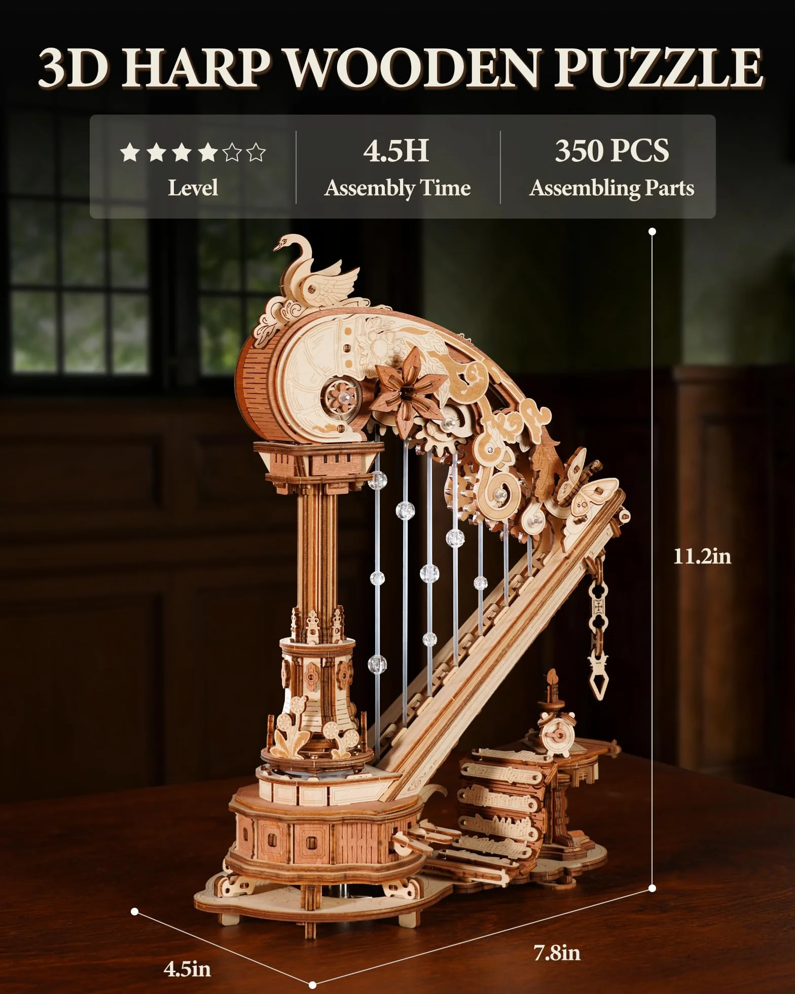 ROBOTIME Puzzle 3D de Madera Arpa con Caja de Música, Kit DIY Mecánico con Engranajes en Movimiento, Maqueta para Adultos, Regalo Creativo y Decoración Hogar