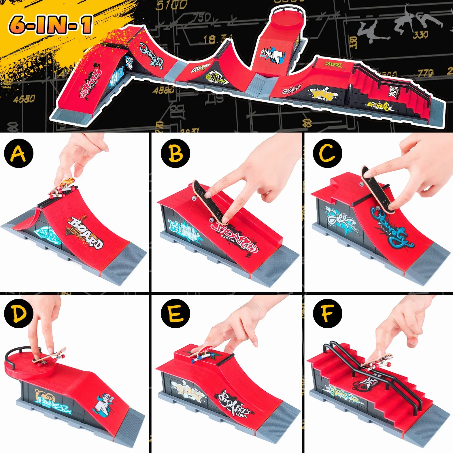 KETIEE 6 Piezas Finger Skate Park Kit Juego de minimonopatín de Dedo con rampa y Otros Accesorios Diapasón de rampa Parque Juguete para Niños (6 IN 1)