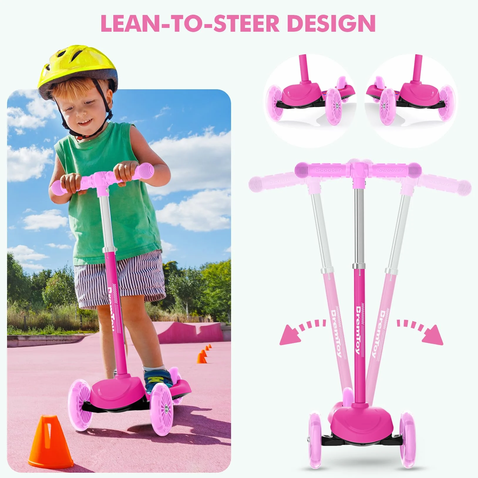 BremToy Patinete Niños 3 Años, Patinete Niños con Deck Luminosa y Ruedas LED de PU, Altura Regulable en 4 Niveles, Frenado Responsivo, Ligero, Patinete para Principiantes de 3 a 8 Años