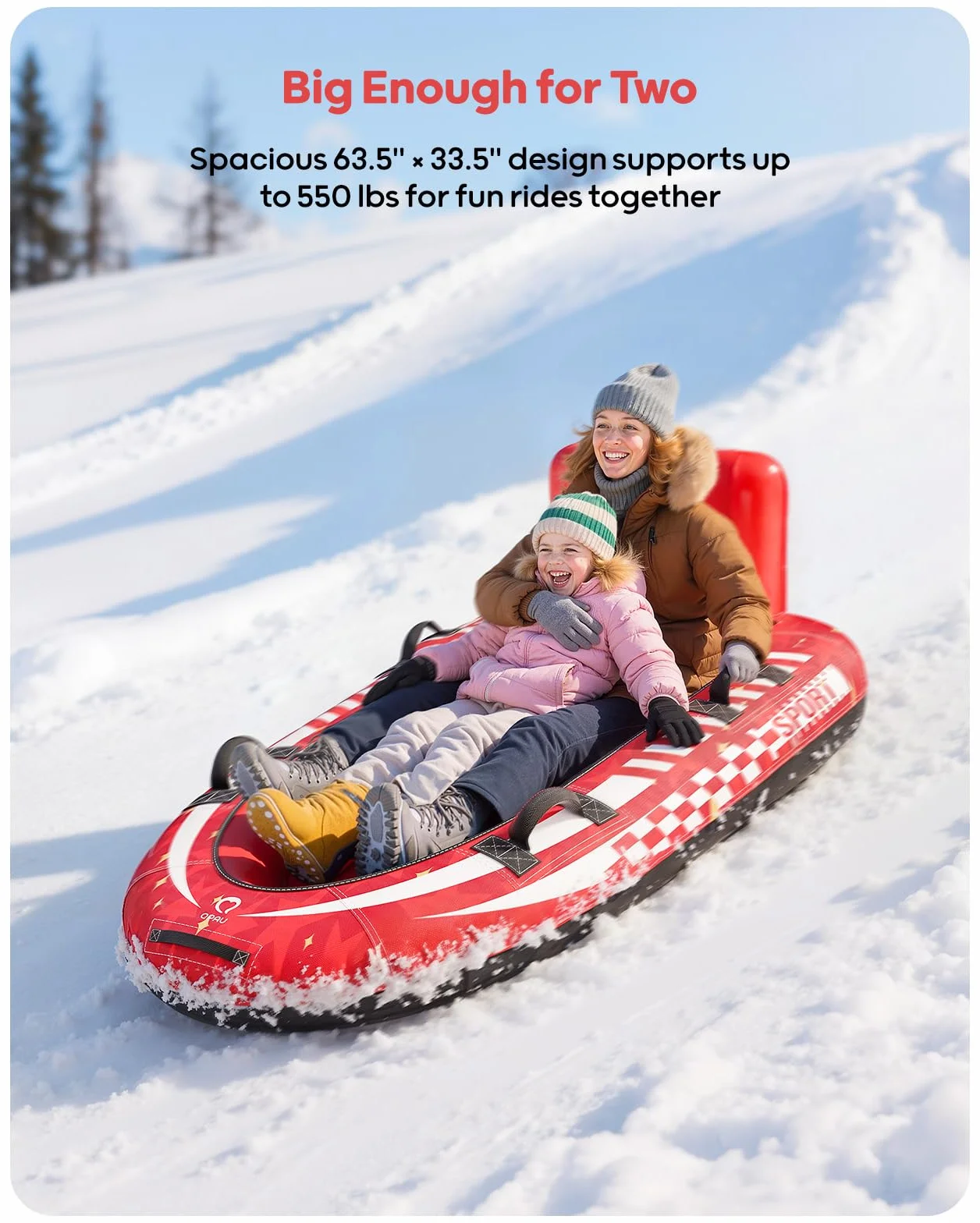 QPAU Trineo de nieve inflable para 2 personas con cubierta de lona, respaldo y asas reforzadas
