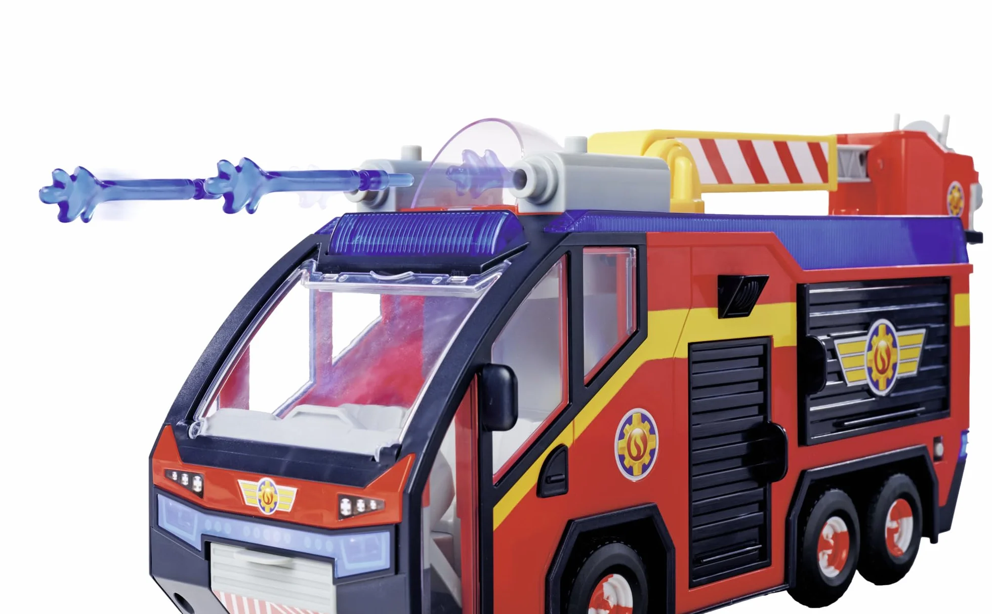 Simba 109252595 Figura de Júpiter Bombero, camión de Bomberos, Sam y Radar, Efectos de luz, Sirena, Escalera giratoria, Flechas de Agua, Plataforma para Quad, 32 cm, Accesorios, a Partir de 3 años