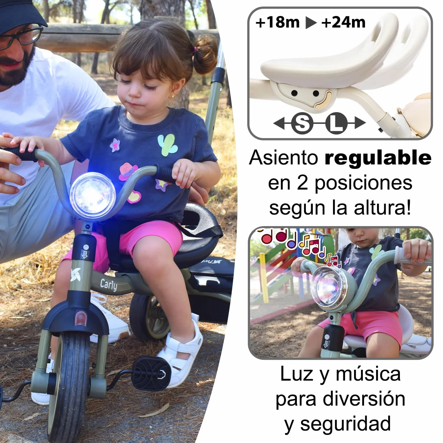 Twinly Triciclo Evolutivo Plegable Carly, Blanco, 1-5 Años | Ligero y Compacto, Manillar con Luz y Sonido, Cesta Incluida, Barra de Empuje Ajustable
