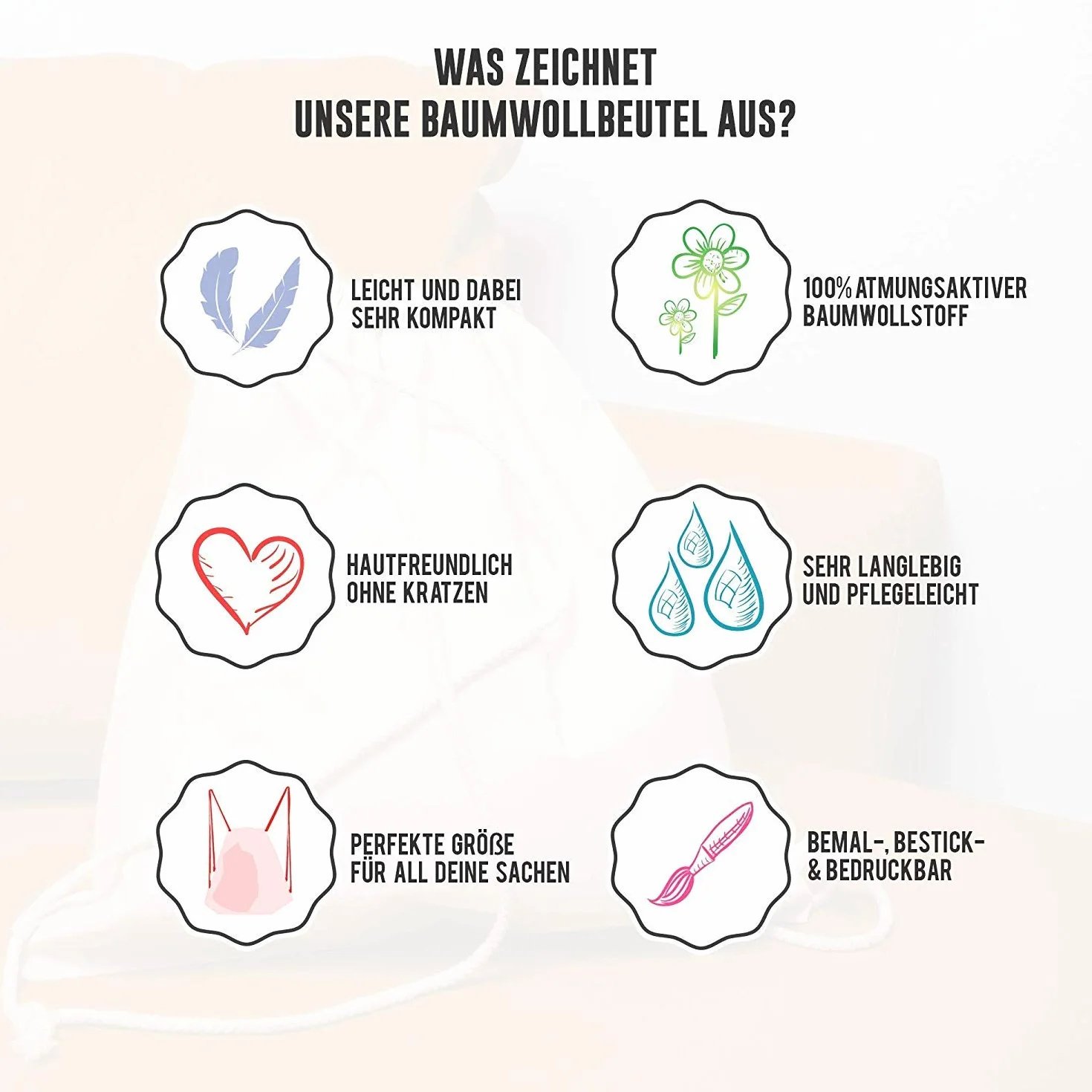 ELES VIDA Bolsa de Deporte de Algodón Certificado Oeko-Tex Bolsa de Cuerdas Gimnasia