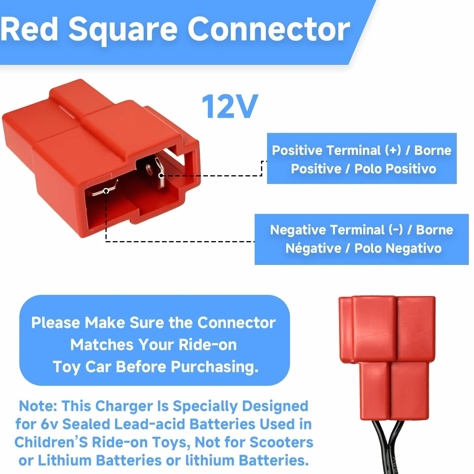 Cargador de Batería 12V para Vehículos Eléctricos Infantiles con Indicador LED Seguro Compatible con Coches de Juguete Moto ATV SUV Conector Cuadrado Compatible con BMX X6, Kid TRAX GMC, Wal-Mart, Mot