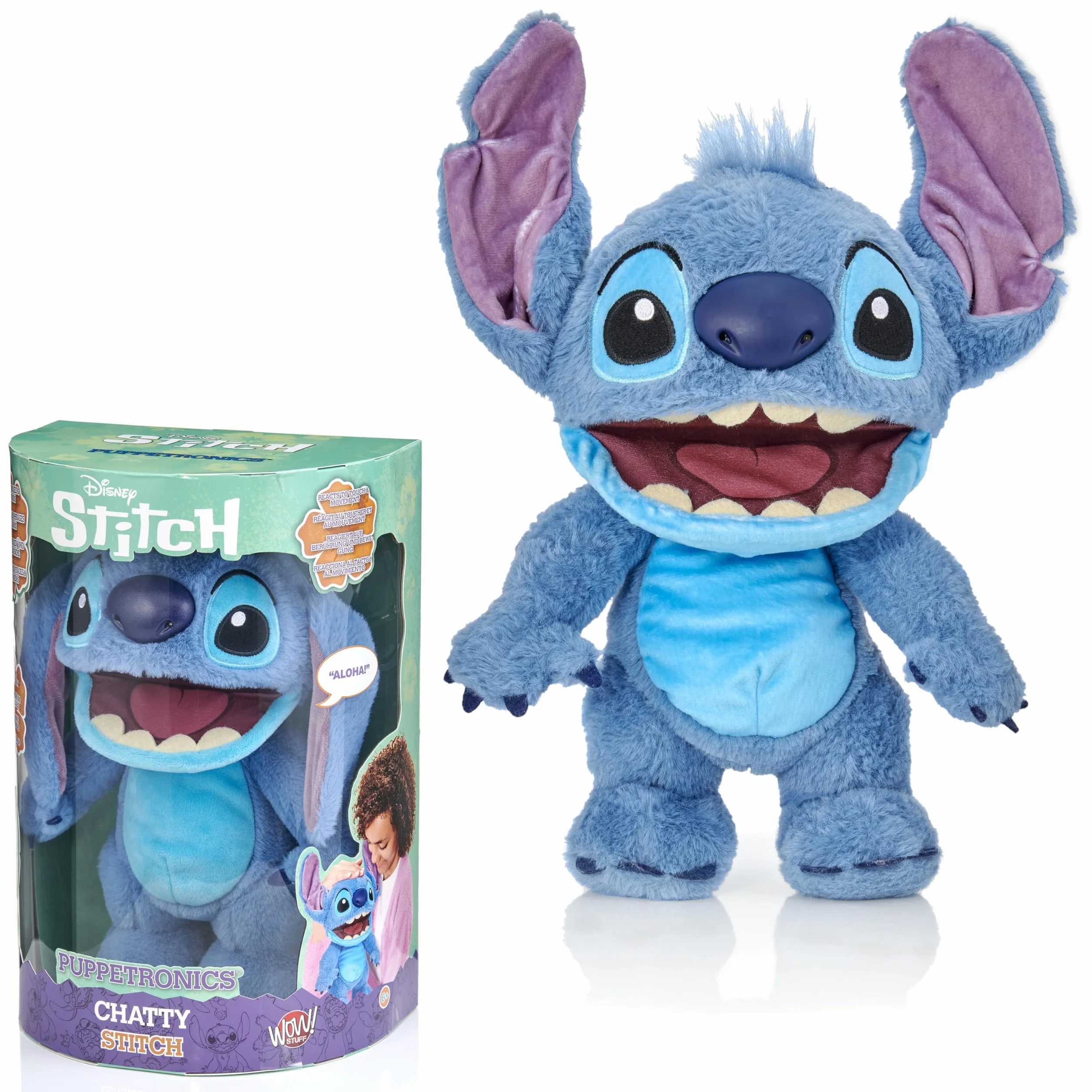 Wow! Stuff Disney Chatty Stitch Deluxe Puppetronic, muñeca animatrónica interactiva con más de 50 Sonidos, Habla y se Mueve, tamaño Aprox. 30 cm, para niños y Adultos