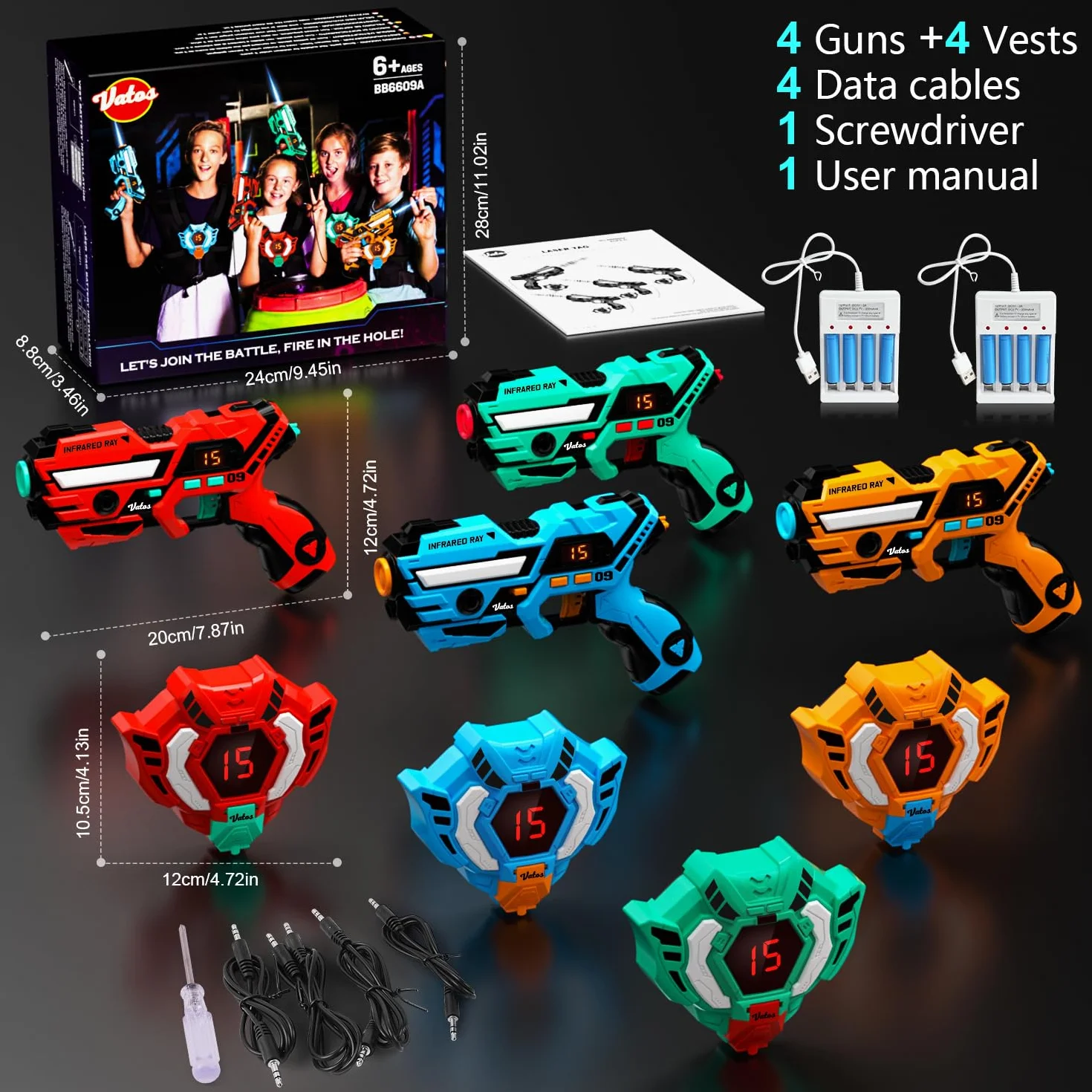 VATOS Recargable Laser Tag Set 4 Packs - En Tiempo Real de Datos Sync Infrarrojos Laser Tag Sets, 4 Jugador Lazer Tag Juego de Disparos para Niños Adolescentes Edad 6-12 años