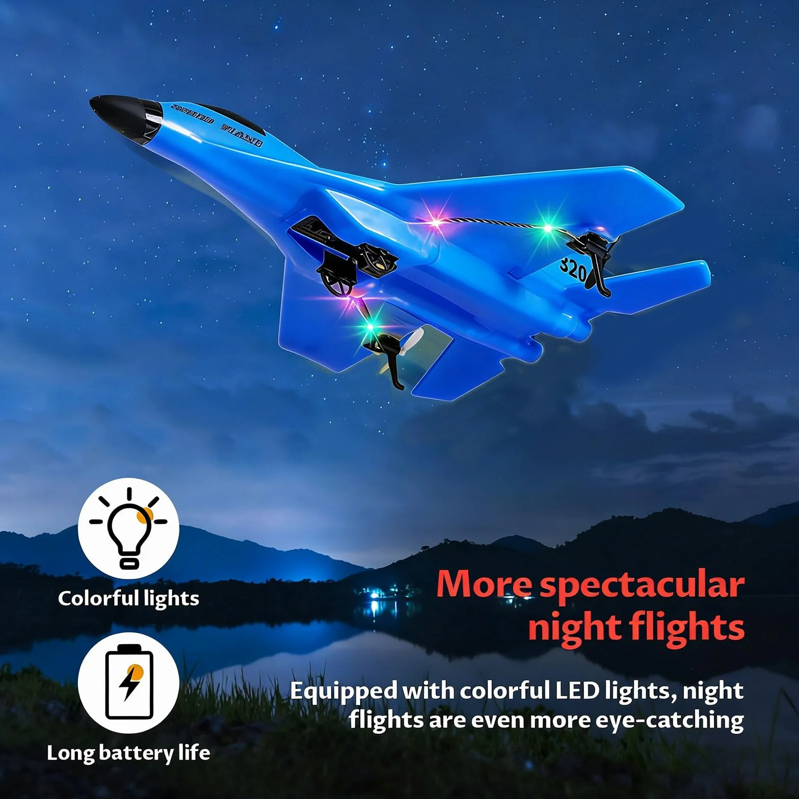 Avión RC de 2 Canales, 2,4 GHz Avión Teledirigido con Carga USB, Iluminación Fría, Planeador Volante a Distancia, Fácil de Volar para Niños y Principiantes