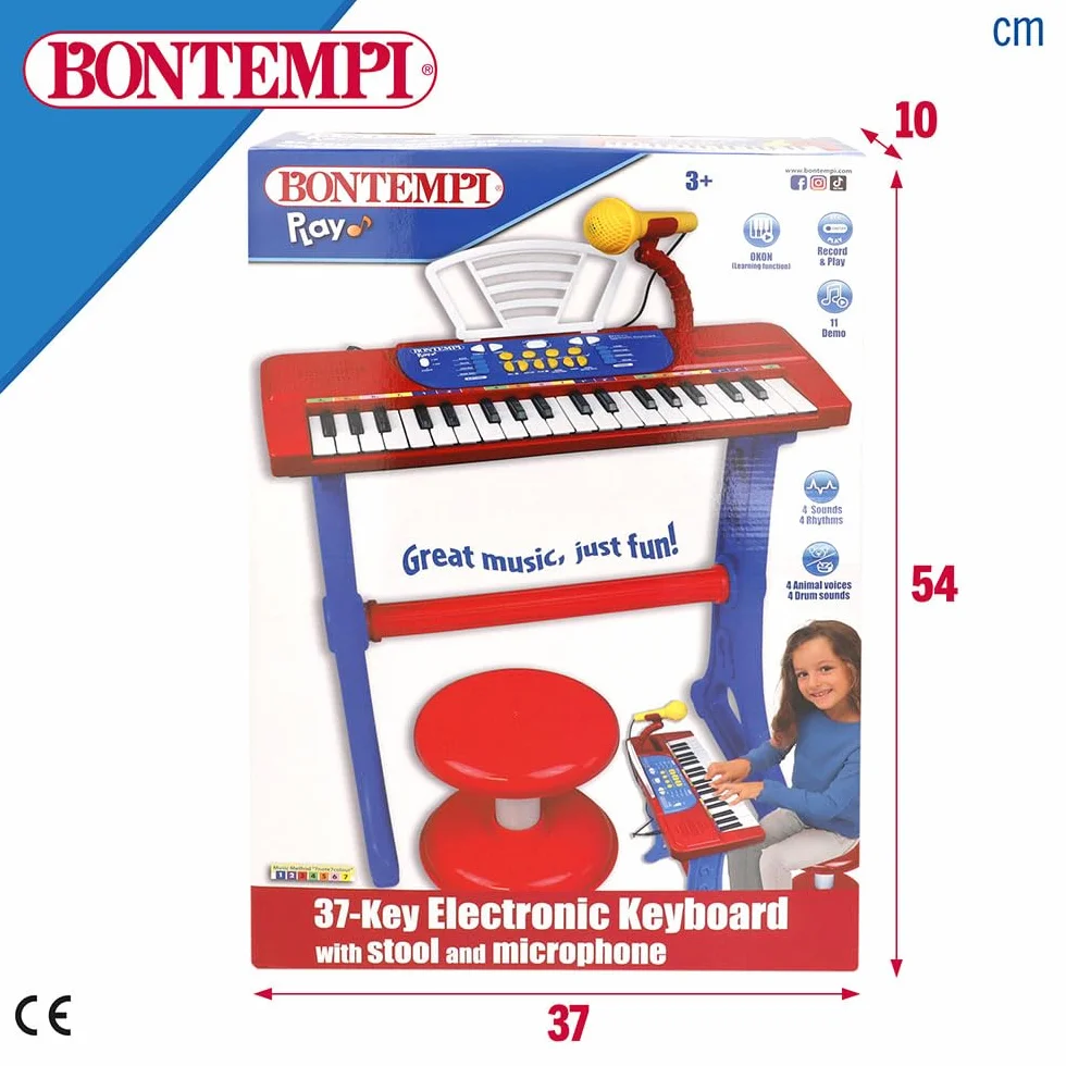 Bontempi Piano Infantil 37 Teclas con Taburete, micrófono y Atril, 4 Sonidos, 4 ritmos, 11 melodías, Función Aprendizaje Okon, Conexión USB-C o 4 Pilas AA (N/I), Juguete Musical, +3 años (47907)