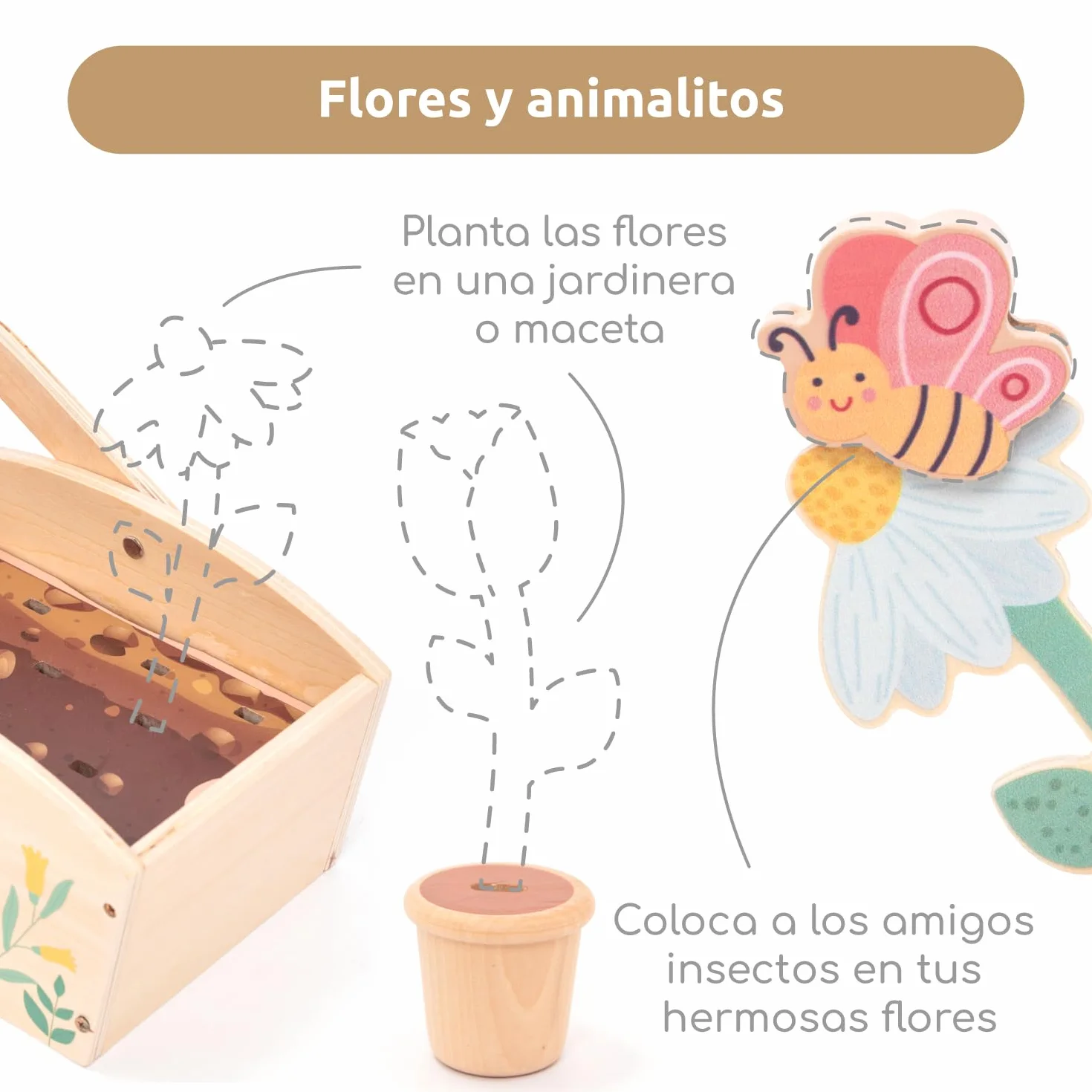 umu® Juego de jardín de madera para niños con accesorios – Juguetes de jardín para niños, juego de herramientas de jardín para niñas y niños, regadera, pala, rastrillo, juguete educativo a partir de