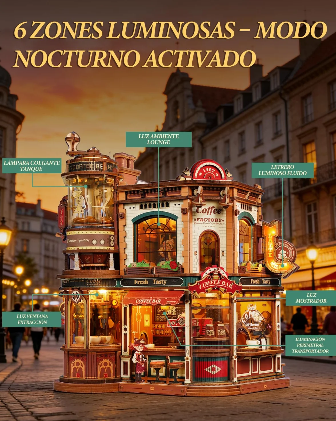 ROKR Puzzle 3D Madera Café en la Esquina Maquetas Construir Adultos Dream Coffee Factory EAB02