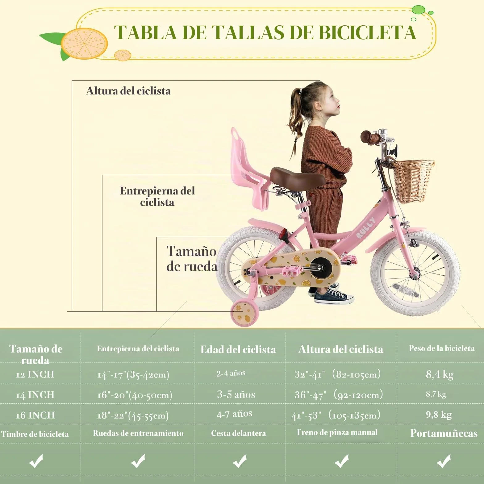 RULLY Bicicleta Infantil Fruit de 12, 14, 16 Pulgadas para Niñas de 2 a 7 Años – Bicicleta para Niñas con Ruedas de Apoyo, Cesta y Silla para Muñecas