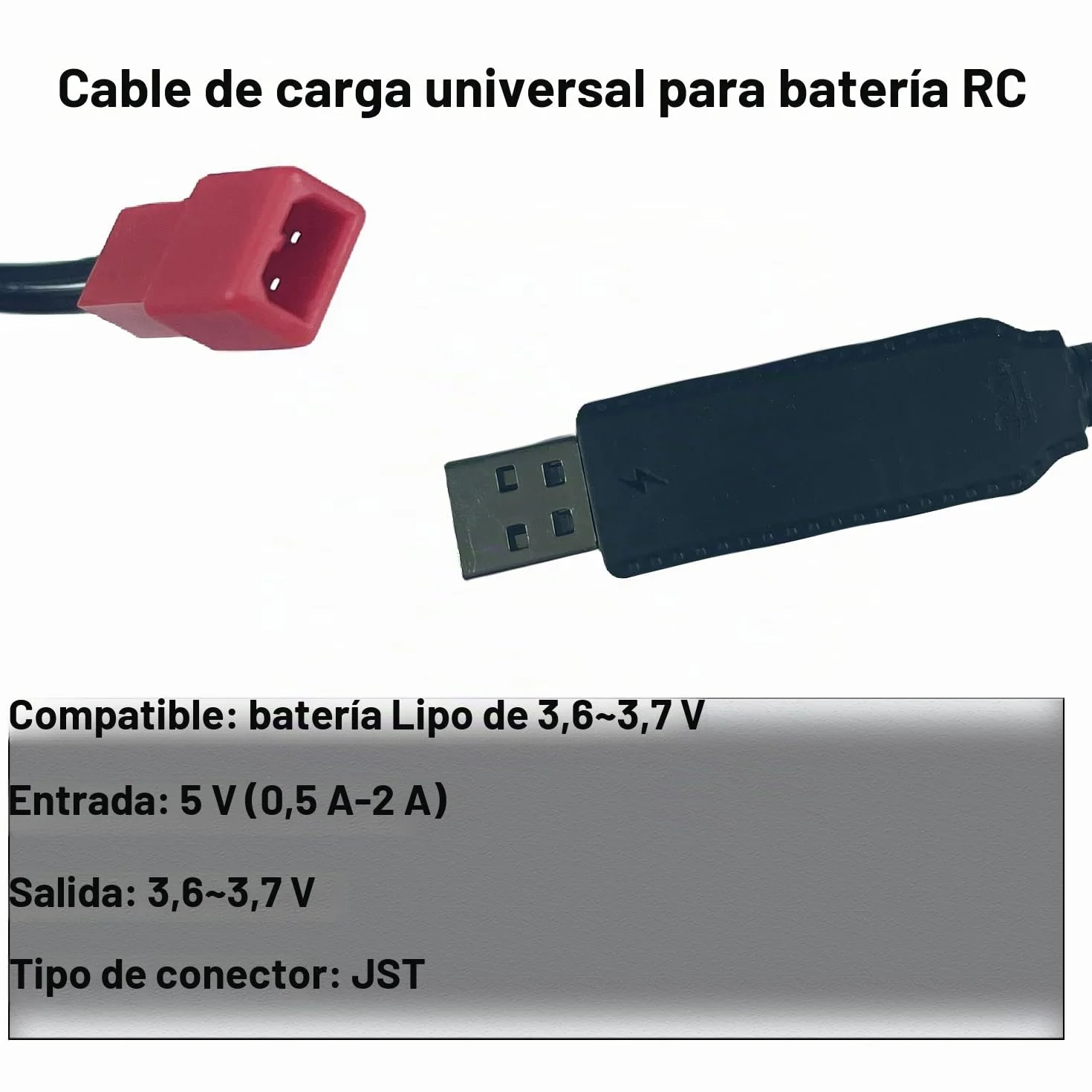 Cable USB 3.7V con Enchufe JST 2PIN para Cargador Batería Lipo RC Coche Drone