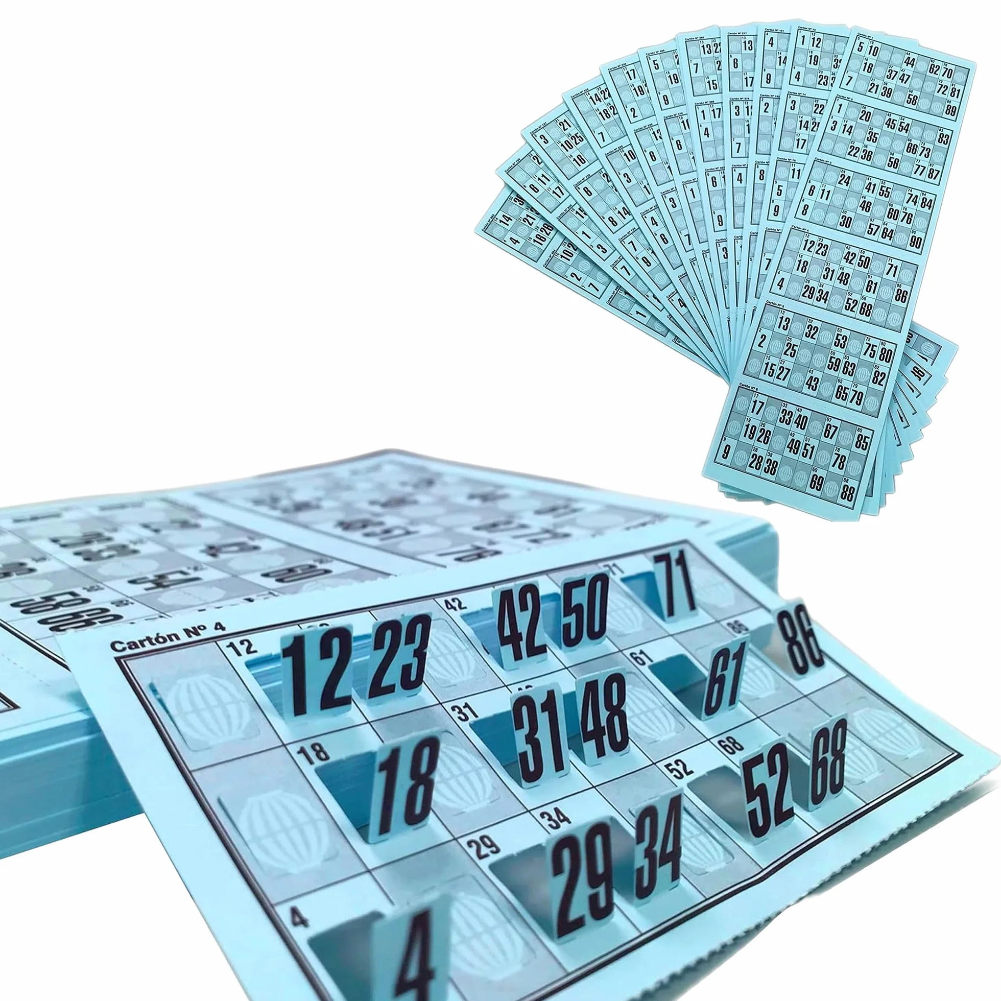 Cartones de Bingo Troquelados Reutilizables 90 Bolas – Serie Completa Numerada, Juego Tradicional para Eventos (Azul)