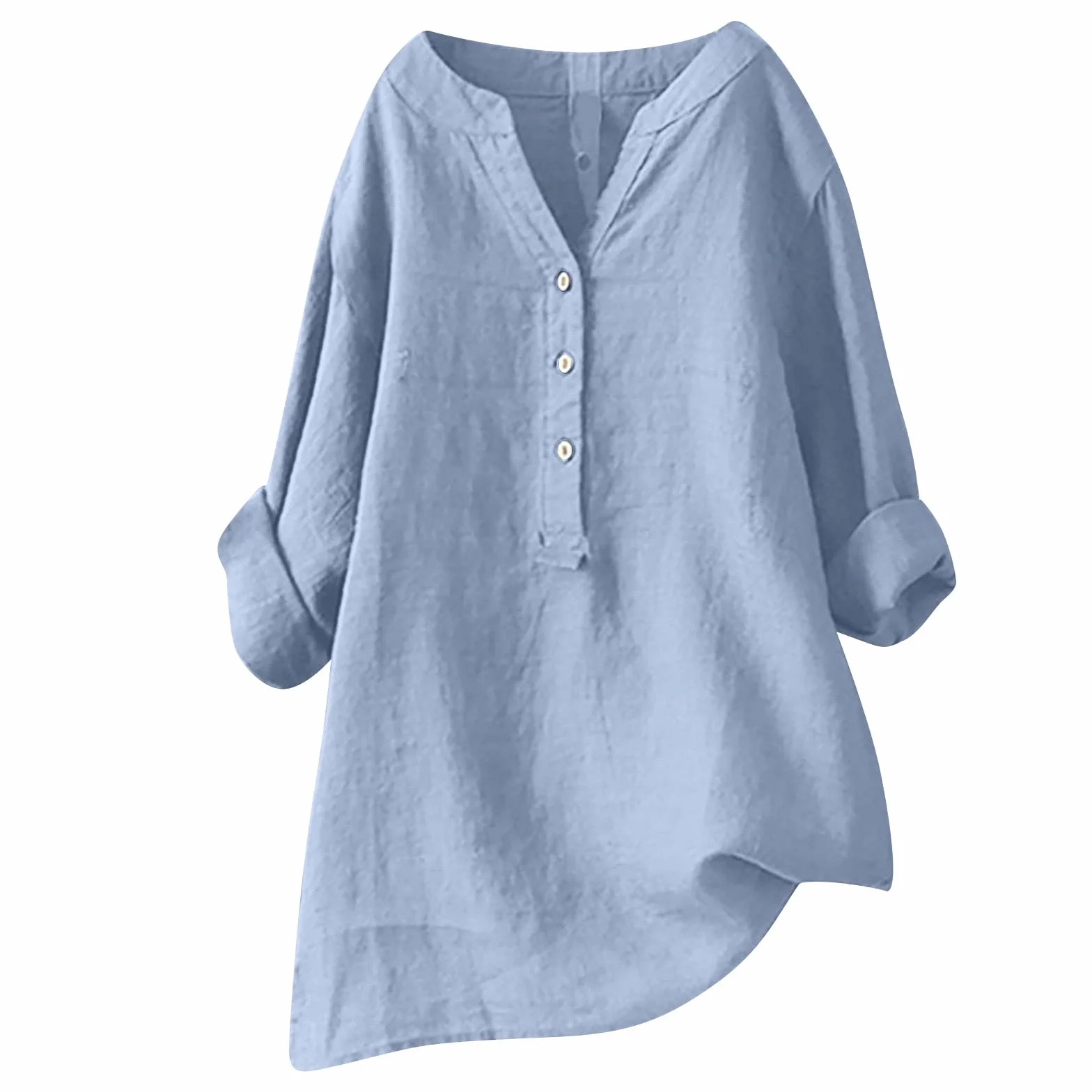 Camiseta Mujer Lino Algodón Manga Larga Cuello en V Color Sólido Talla Grande Transpirable Blusa 2025