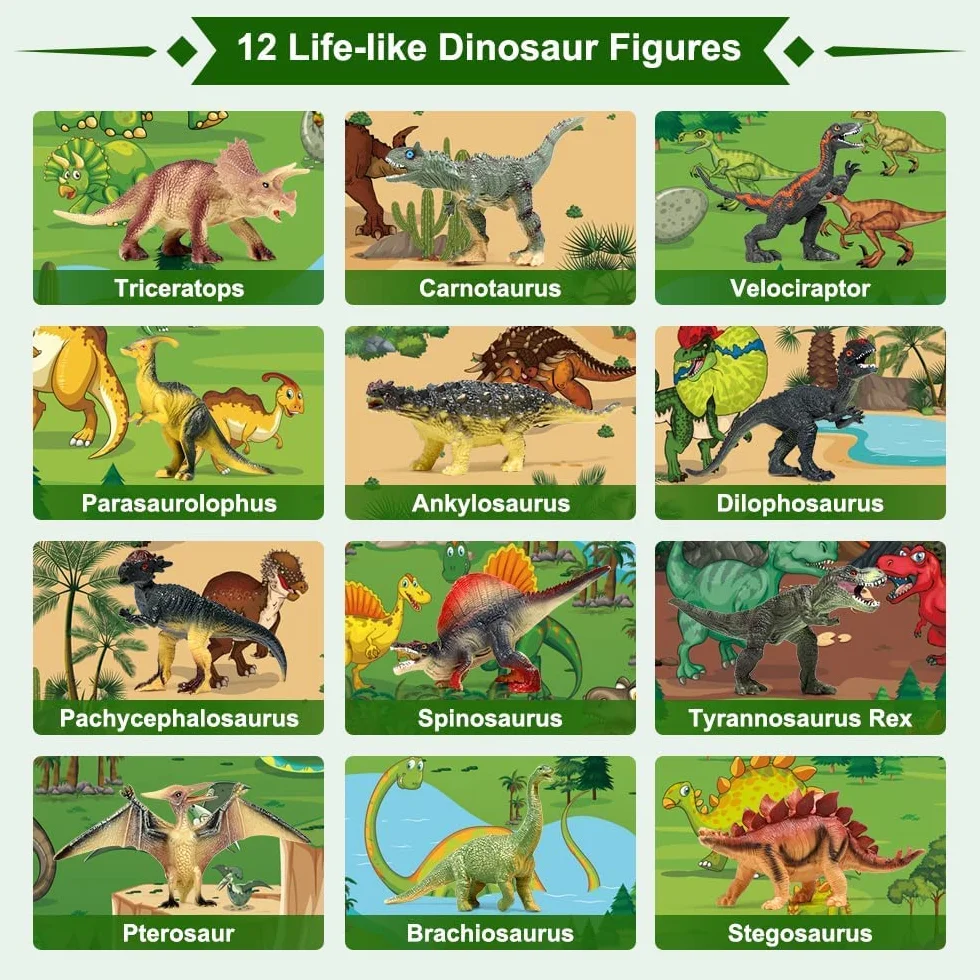 FRUSE Dinosaurios Juguetes con 145x98cm Tapete de Juego,12 Figuras de Dinosaurio Realistas con T-Rex,Carnotaurus,Libro de Dinosaurio,Jurassic Dinosaurios World Regalo para Niños y Niñas 3 4 5 6 7