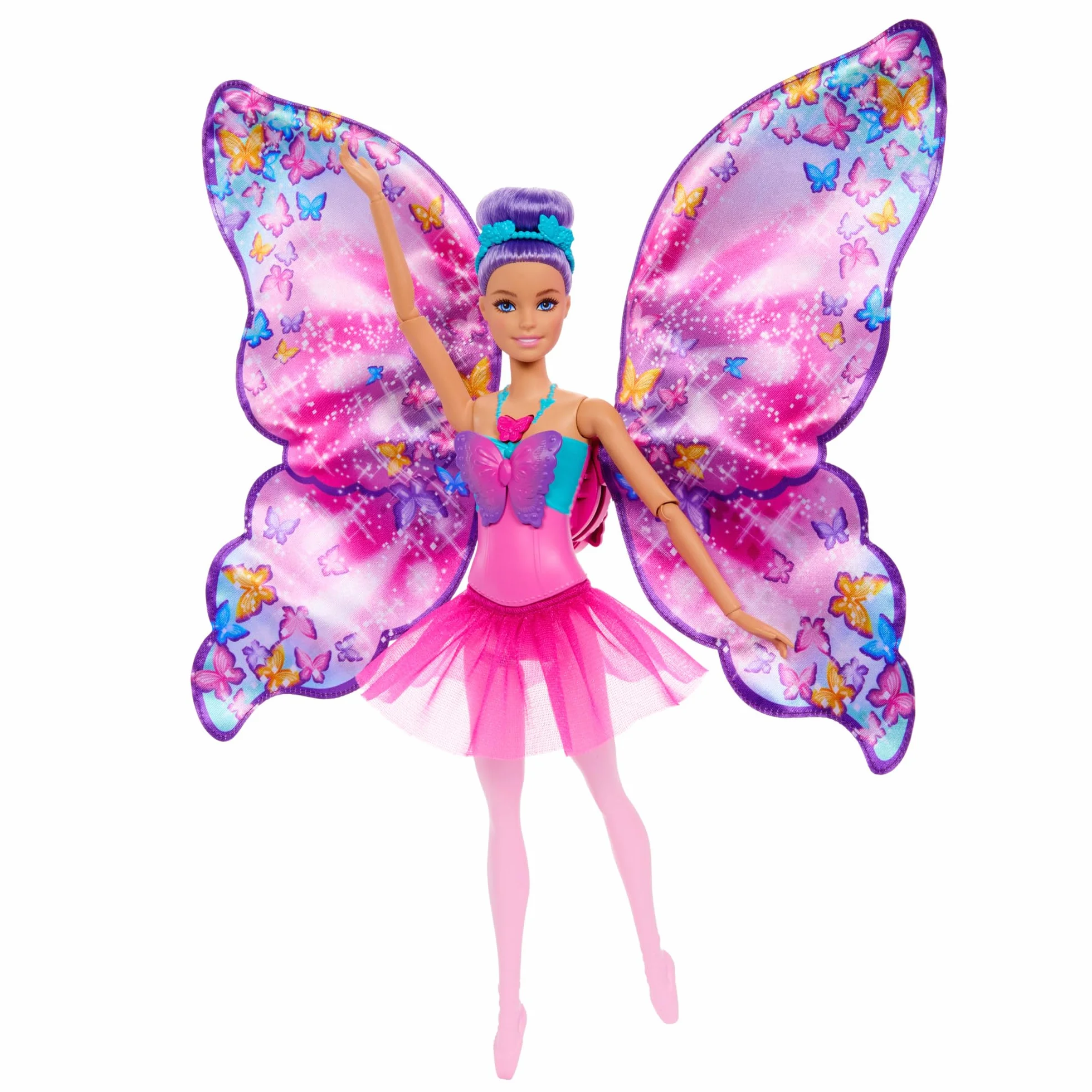 Barbie Muñeca Bailarina Dance and Flutter 2 en 1 con corpiño de Mariposa, la Falda Morada se Convierte en Unas Coloridas alas al presionar el Collar, Juguete +3 años (HXJ10)