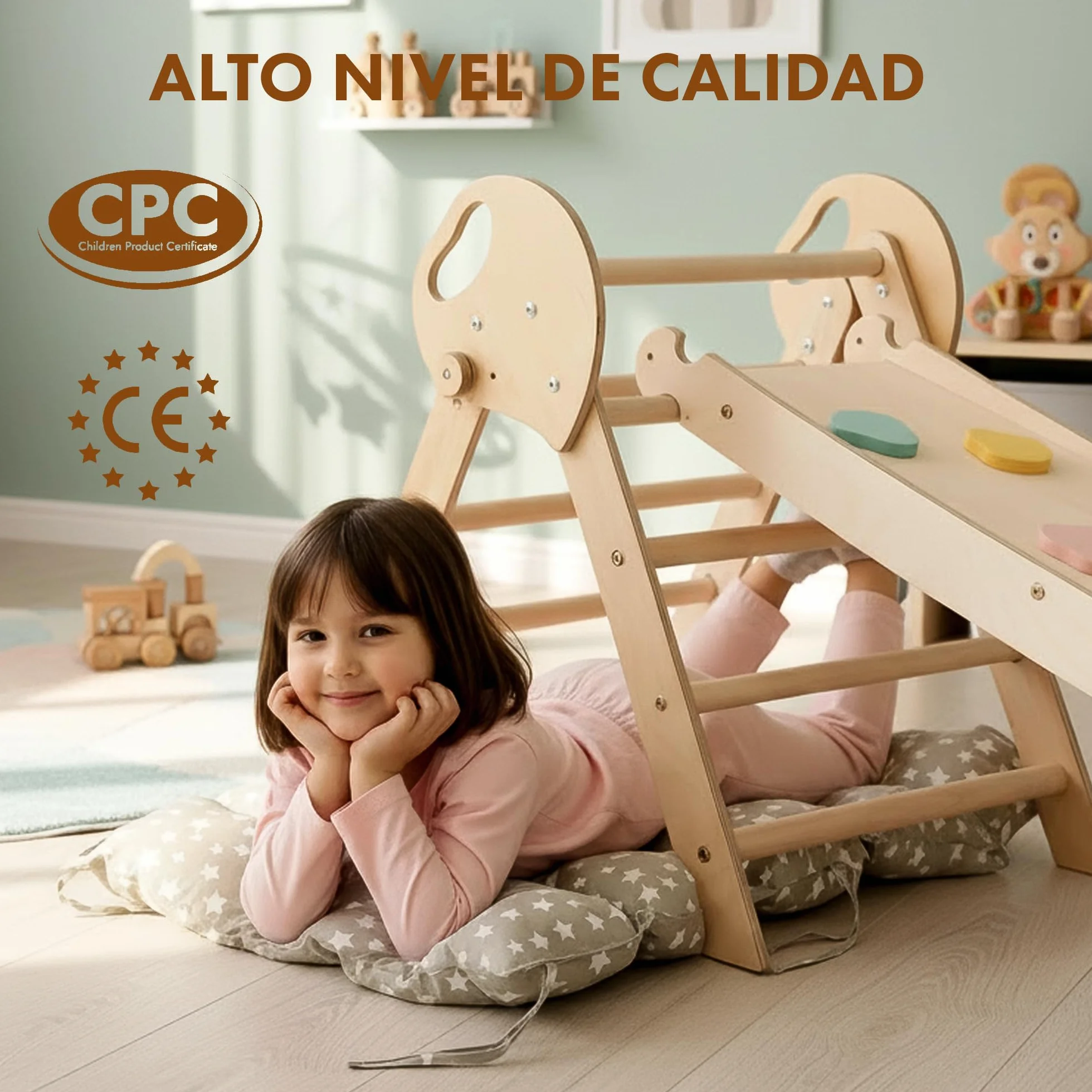 Estructura de Escalada 5 en 1 para Niños - Escalera Triángulo, Arco, Balance Board y Cojín, Montessori, Gimnasio de Madera 1-3 Años