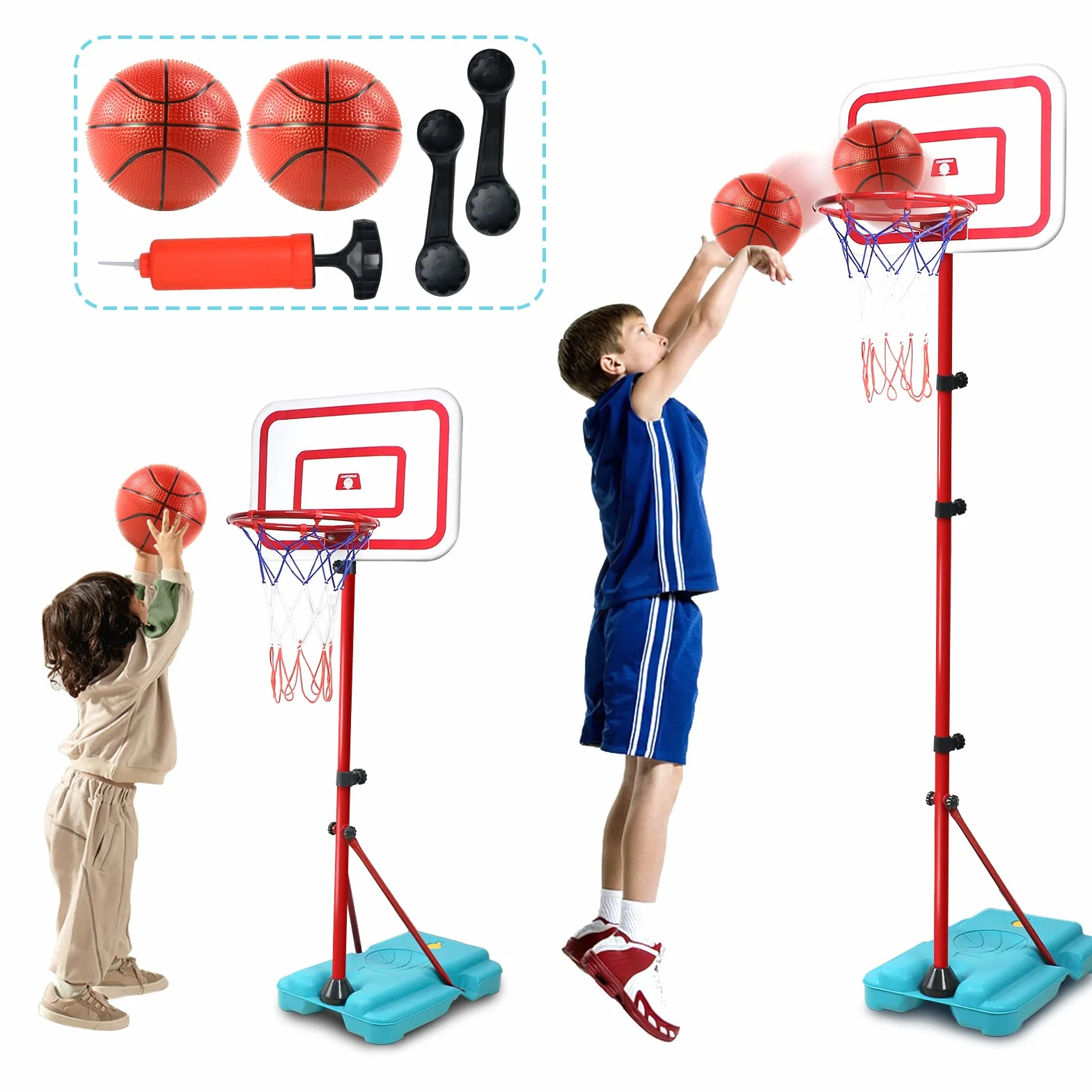 TONZE Canastas Baloncesto Infantiles Exterior Interior Altura Ajustable Balon Baloncesto Regalos Cumpleaños Infantil Regalos para Niños Juguetes Niños 3 4 5 6 Años,88cm a 190cm