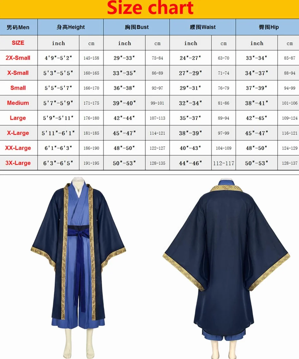 Disfraz de anime Jinshi de talla americana, traje de fiesta azul para hombre