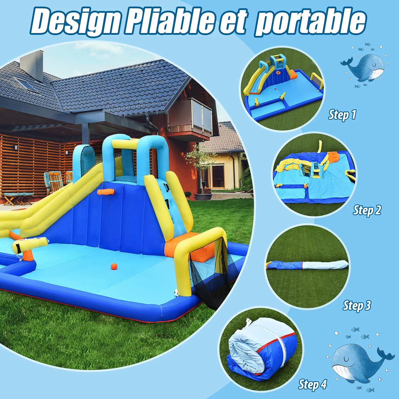 GOPLUS - Castillo hinchable con tobogán y pistola de agua, zona de juegos acuática con entretenimiento múltiple, ideal para niños mayores de 3 años (con soplador de 680 W)