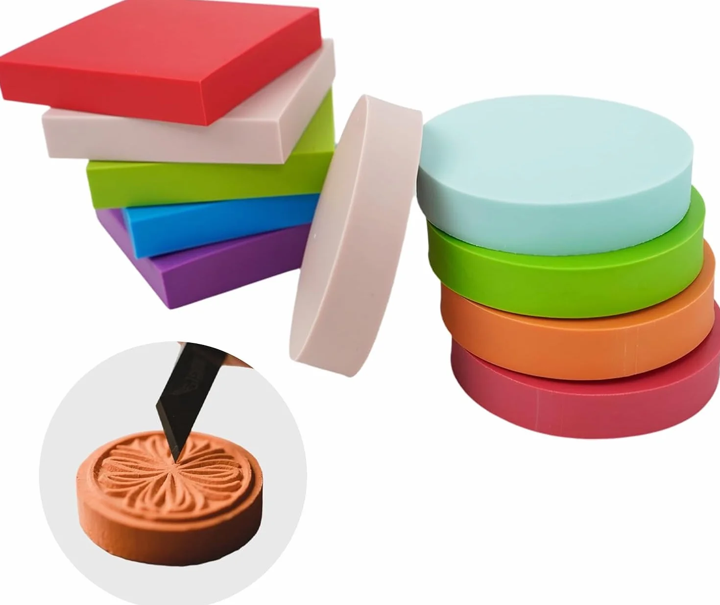 10 bloques de sello de goma para tallar, 5 x 5 x 1 cm, bloques de sellos de goma, varios colores, cuadrados y redondos, juego de impresión de linola, bloques de tallado de goma, sello para