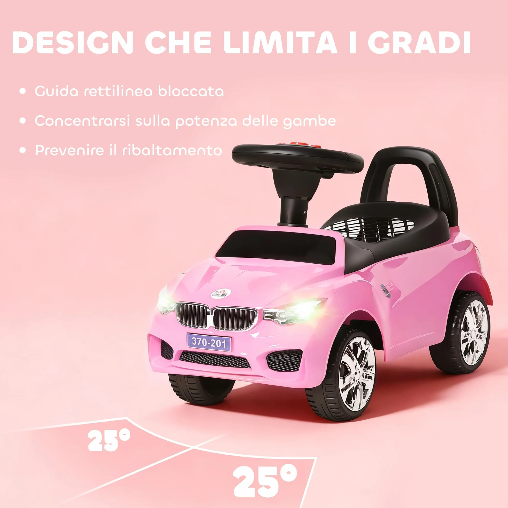 HOMCOM Coche Correpasillos para Niños de 18-36 Meses Andador Correpasillos con Faros Música Bocina Volante Espacio de Almacenaje y Asa para Empujar 63,5x28x36 cm Rosa