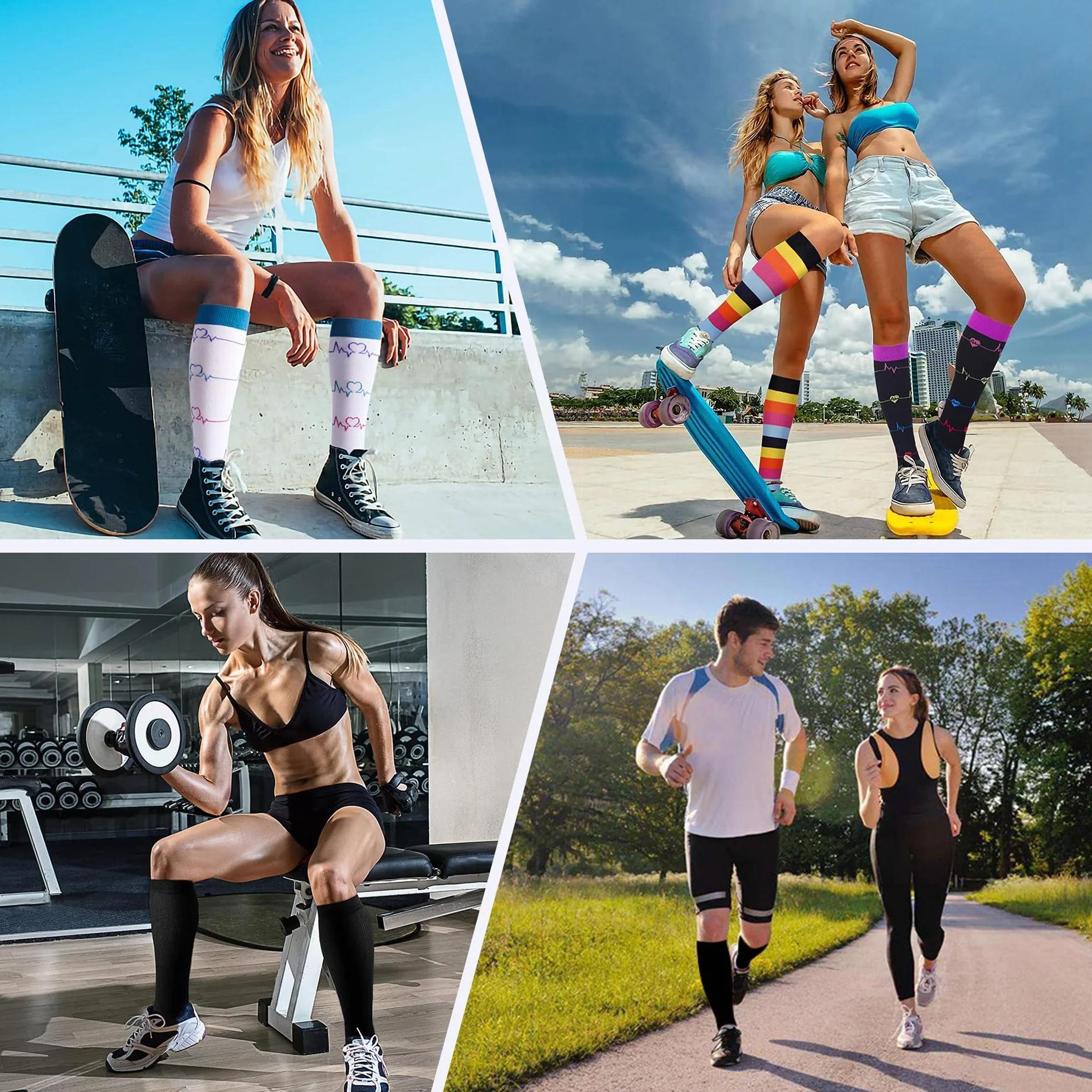BISOUSOX 4 Pares Medias de Compresión Mujer Hombre 15-20 mmHg Hasta la Rodilla Calcetines Deporte