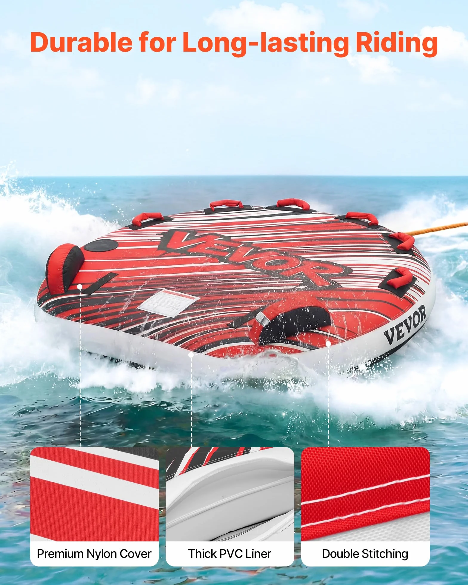 VEVOR Flotador de Arrastre Inflable 3 Personas 165x162 cm 231 kg Rojo