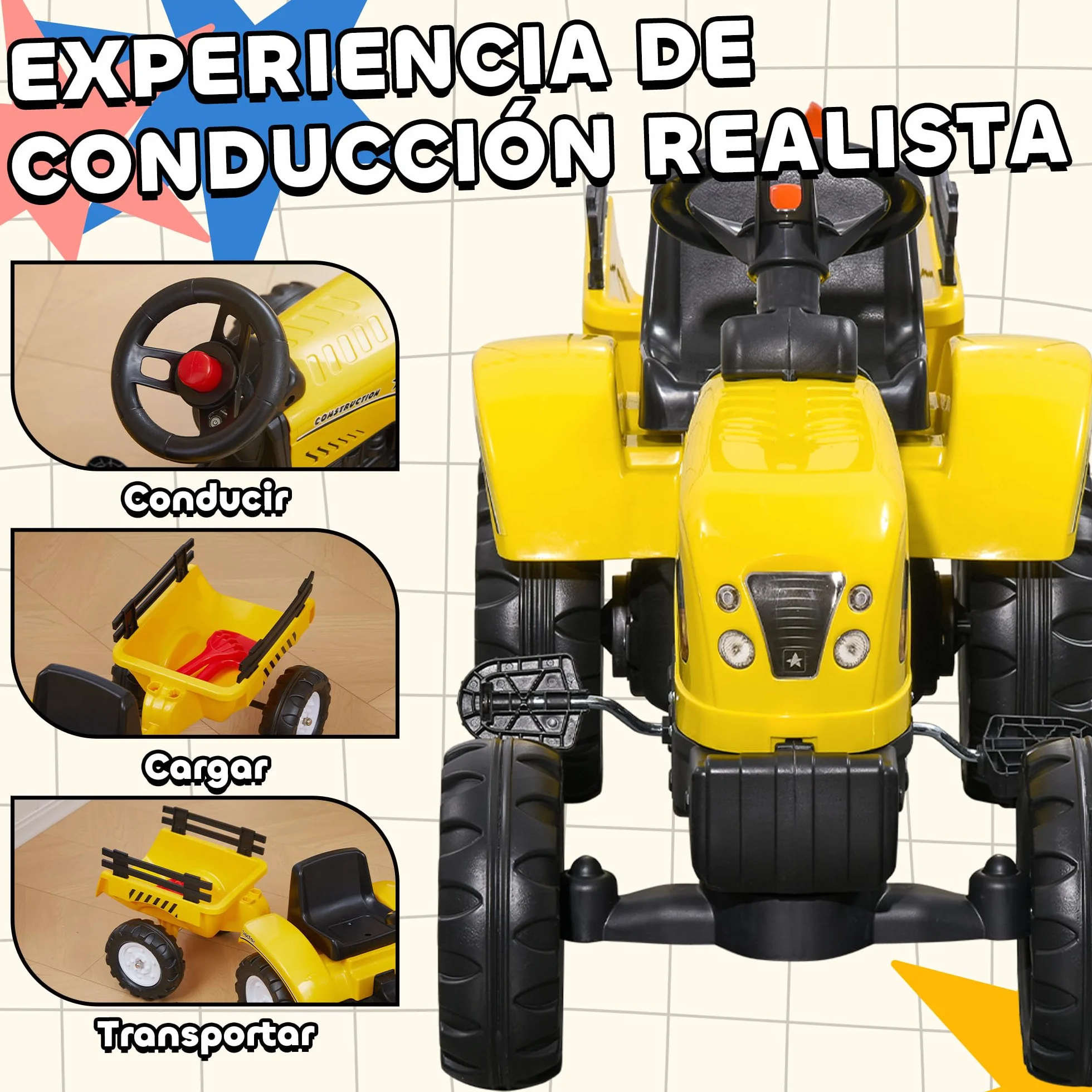 HOMCOM Tractor a Pedales para Niños de 3 Años con Remolque Juguete de Montar Coche de Pedales Carga 35 kg 133x42x51 cm Amarillo