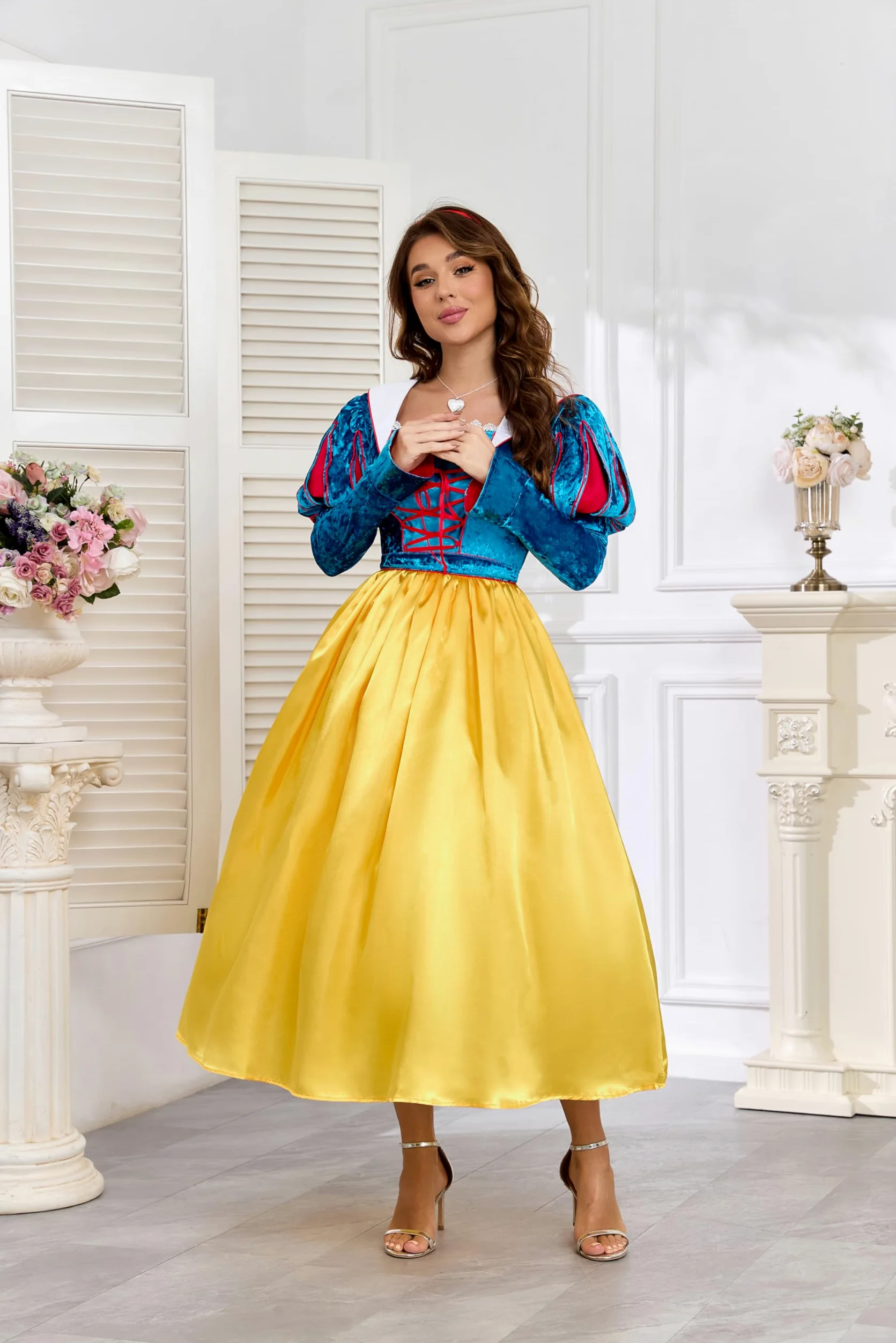 Disfraz de cuento de hadas para mujer, disfraz de Blancanieves con lazo rojo, diadema, capa, Halloween, carnaval, princesa