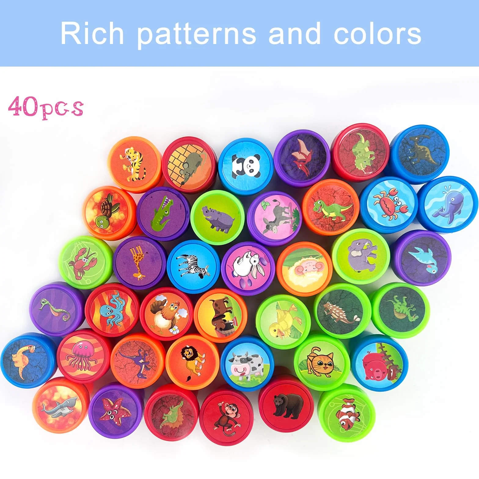Diompirux 40 Piezas multicolor Juego de Sellos de Animales, Conjunto de Sellos para Infantil, Dibujos Animados Sellos de Tinta para Niños, para obsequios de fiesta, rellenos de bolsas de regalo