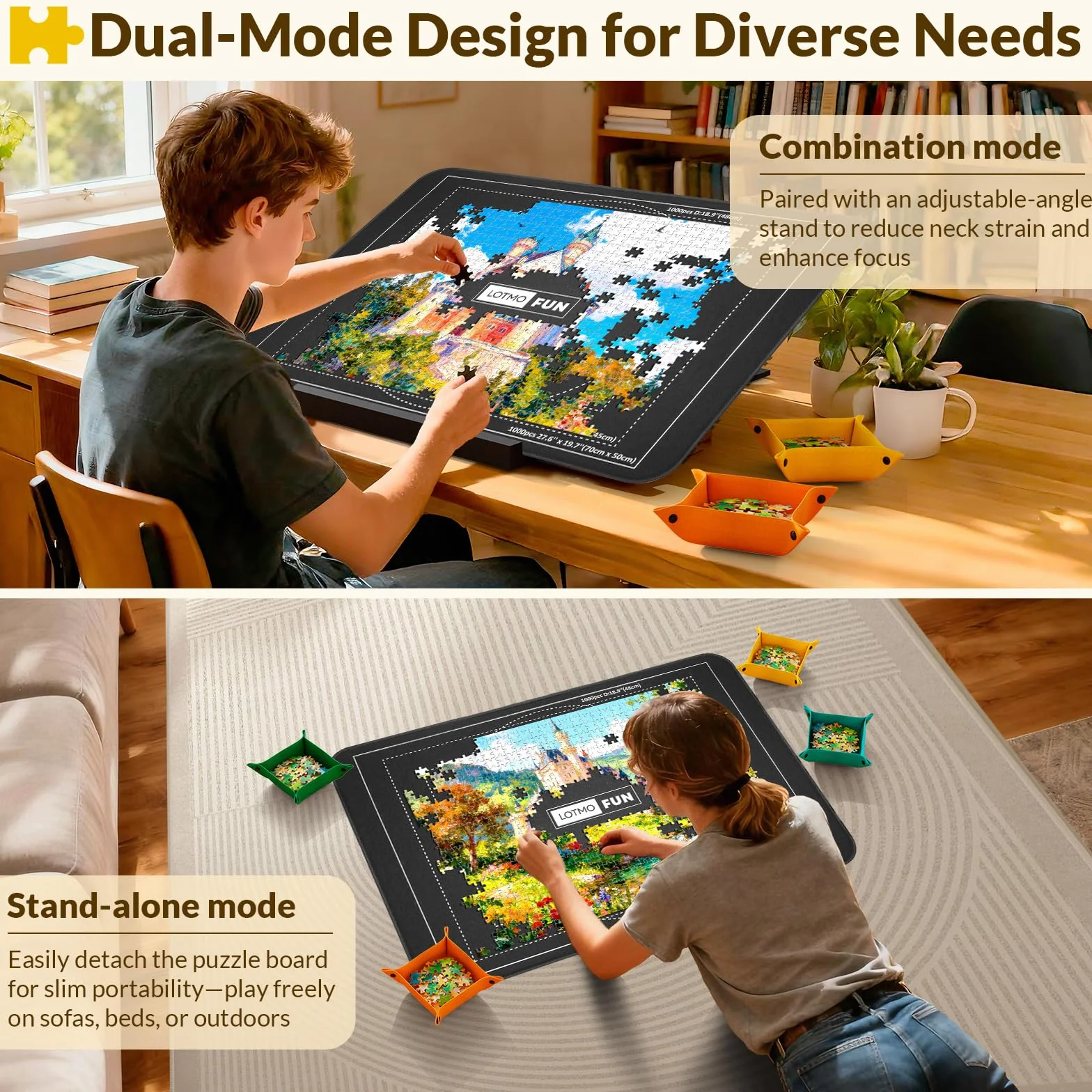 Tablero para Puzzle 1000 Piezas, Soporte Ajustable en ángulo, Tablero de Puzzle de Fieltro Ligero con 6 bandejas de clasificación y Cubierta, Mesa de Rompecabezas portátil