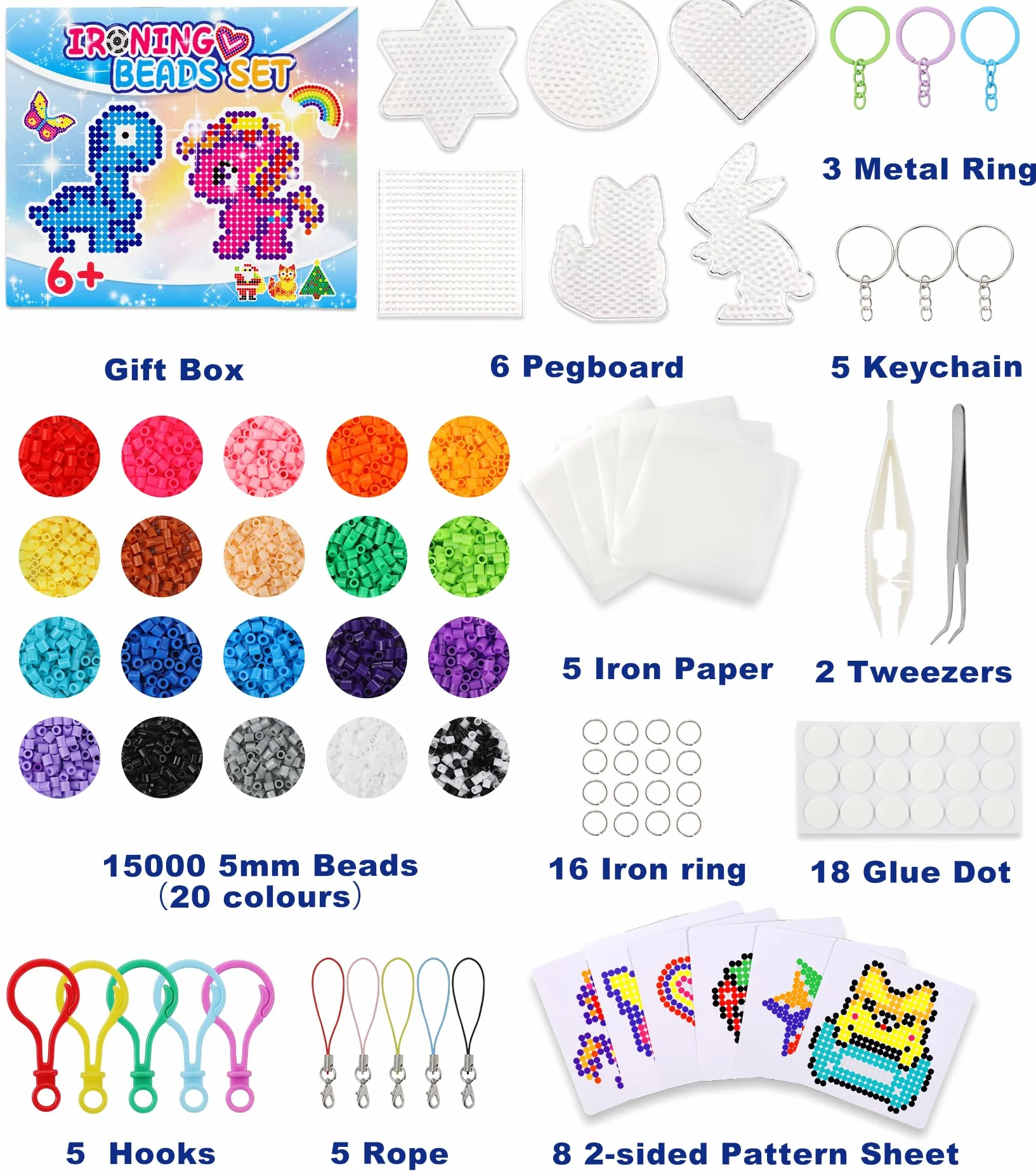 Ophy Cuentas Para Planchar | 15000 PCS 5mm Beads Juego Completo Cuentas Para Planchar, Con Caja de Almacenamiento, Plantilla, DIY Ideas de Manualidades, 3D Favores de Fiesta de Cumpleaños Para Niños
