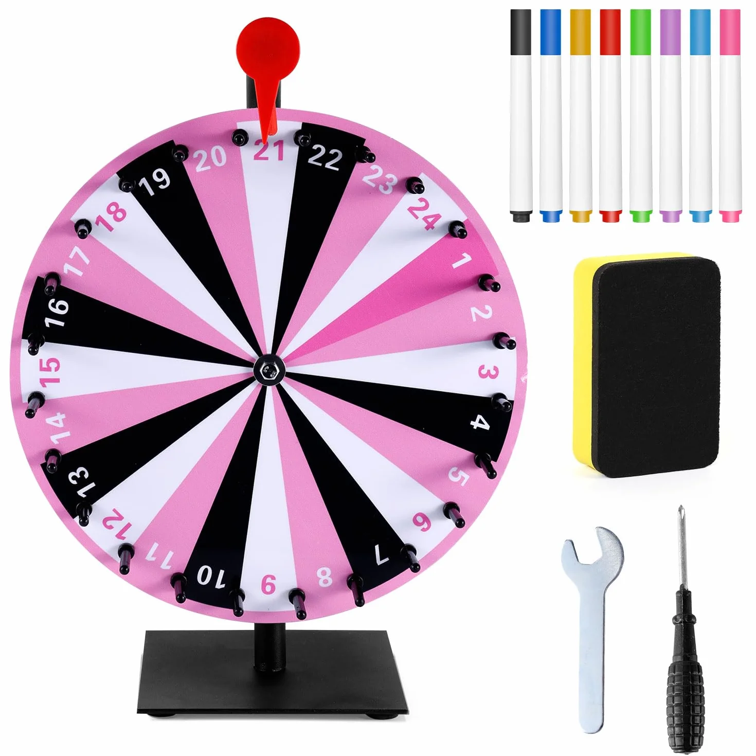 Rueda de la Suerte Giratoria 24 Ranuras Base Duradera Rueda de Premio Ruleta de Mesa para Juego de Fiesta (Rosa)
