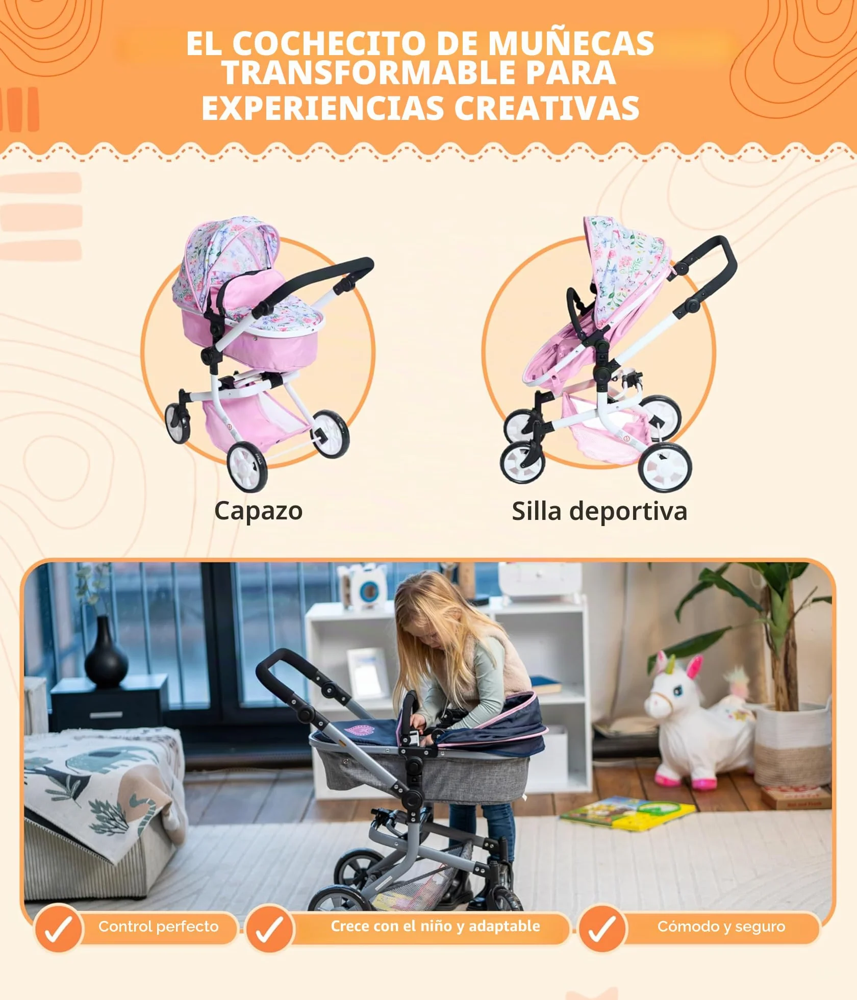 Bayer Chic 2000 Cochecito de muñecas Mika 2 en 1 para muñecas de hasta 52 cm Rosa