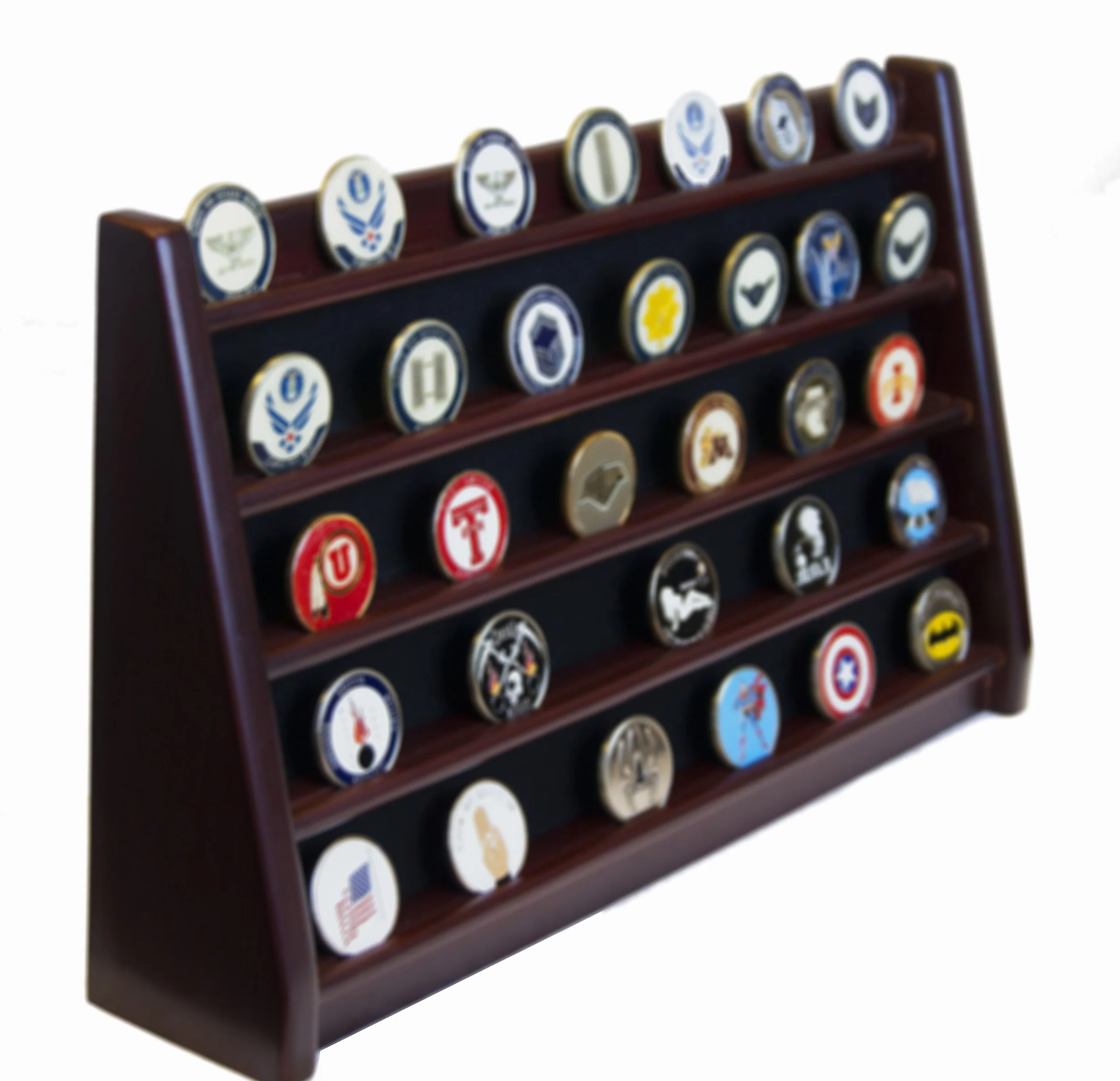 DECOMIL Estante de 5 Filas Challenge Coin Holder Display Madera Maciza Acabado Cerezo