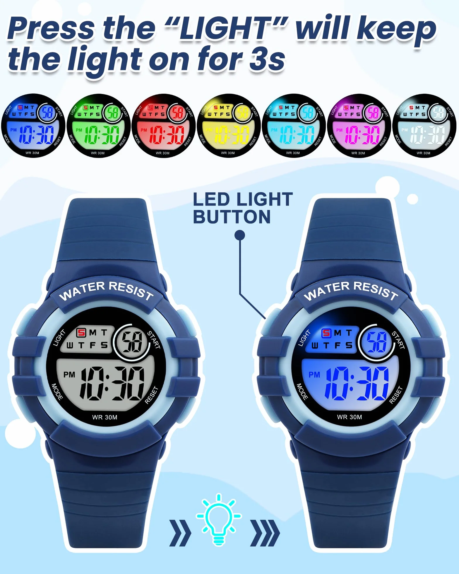 Reloj Niño Digital Infantil con 7 Luces LED, Impermeable 3 ATM, Alarma, Fecha, Cronómetro, Deportivo Pulsera