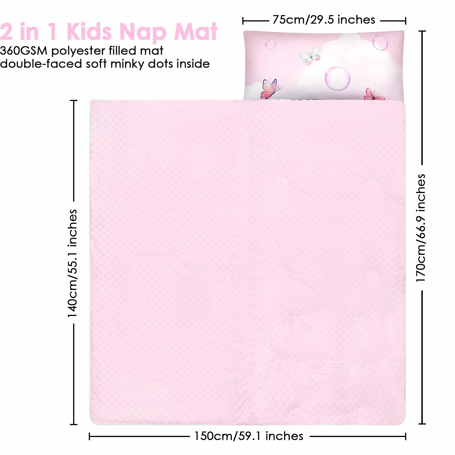 Tamaño Grande Saco de Dormir Infantil con Almohada Extraíble 170×75cm, Cálida Plegable Alfombrilla de Siesta para Niños y Niñas, Bolsa de Dormir con Cremallera para Camping Siesta